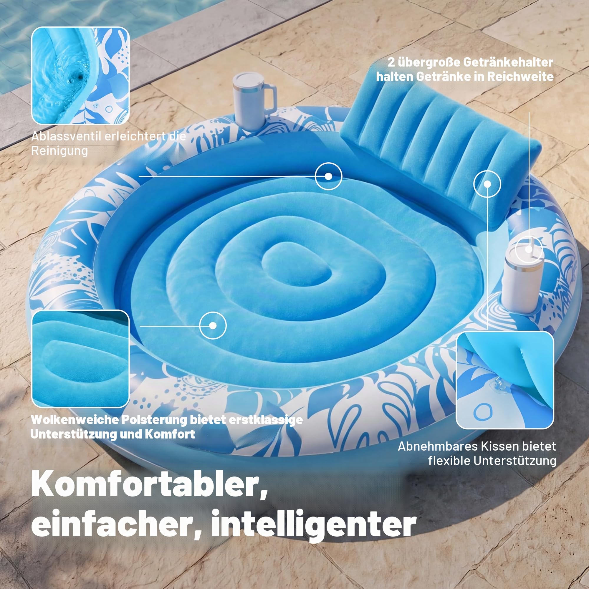 Sloosh Aufblasbare Sonnenpool,Luftmatratzte Pool 183 x 165 cm, Schwimmring für Erwachsene mit Kissen, Luftmatratze Schwimmen,Luftmatratze Wasser für Erwachsene, Sommerspaß, Wasserparty