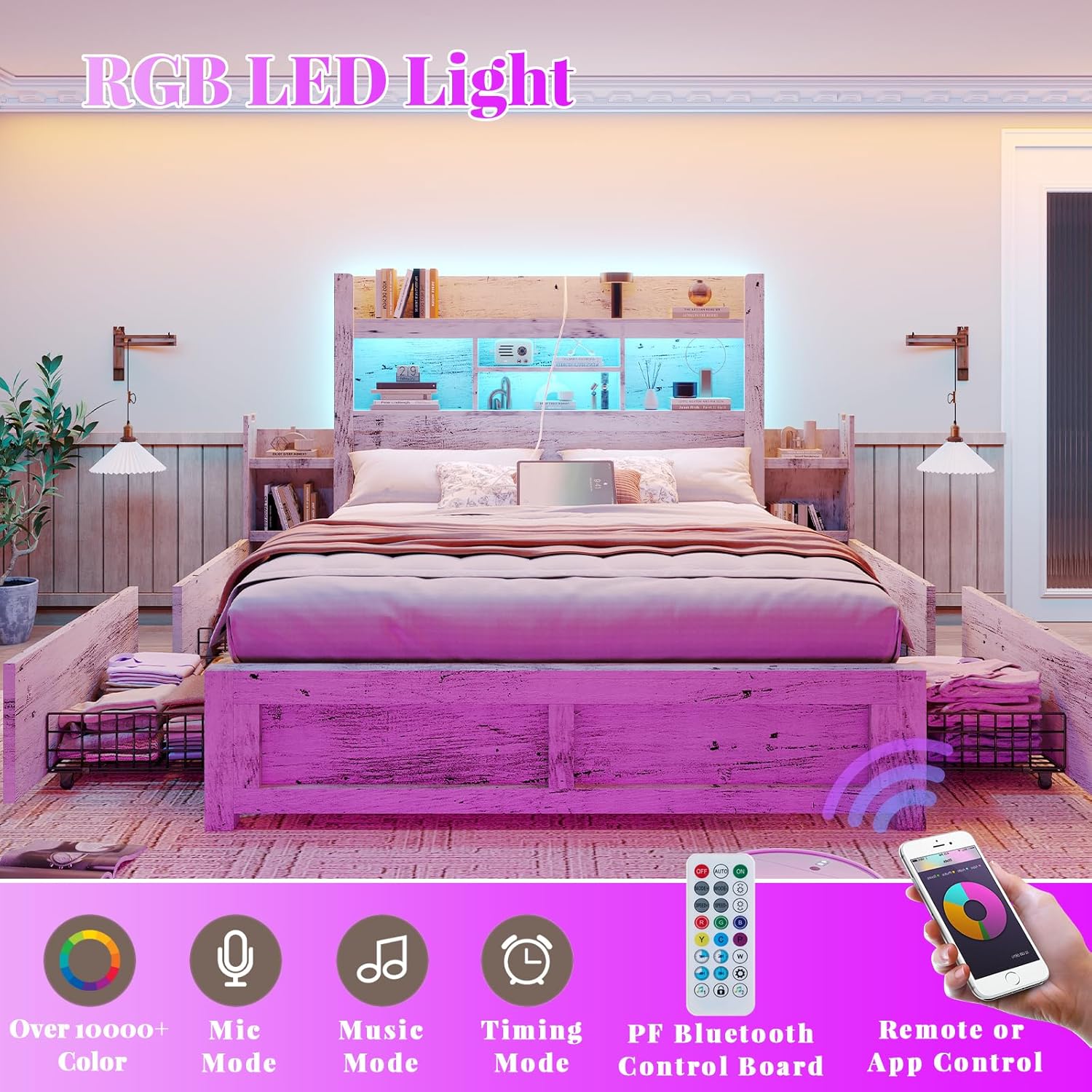 RGB LED light strip in the headboard with remote control and app interface shown.