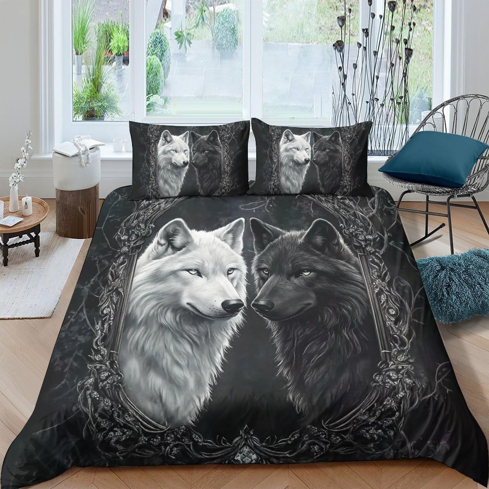 Ctjqhvkz Style-7 3D Printed Wolf Couple Fitted Sheet Microfiber Soft Breathable Black White Wolves Mattress Cover Bedroom Decor Dorm Room Single（135X200cm）