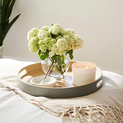 Miniatura 10 de HABITAAS Bandeja de bambú hilado, bandeja decorativa para mesa de café, bandeja otomana, bandeja de madera, bandeja redonda, decoración de bandeja