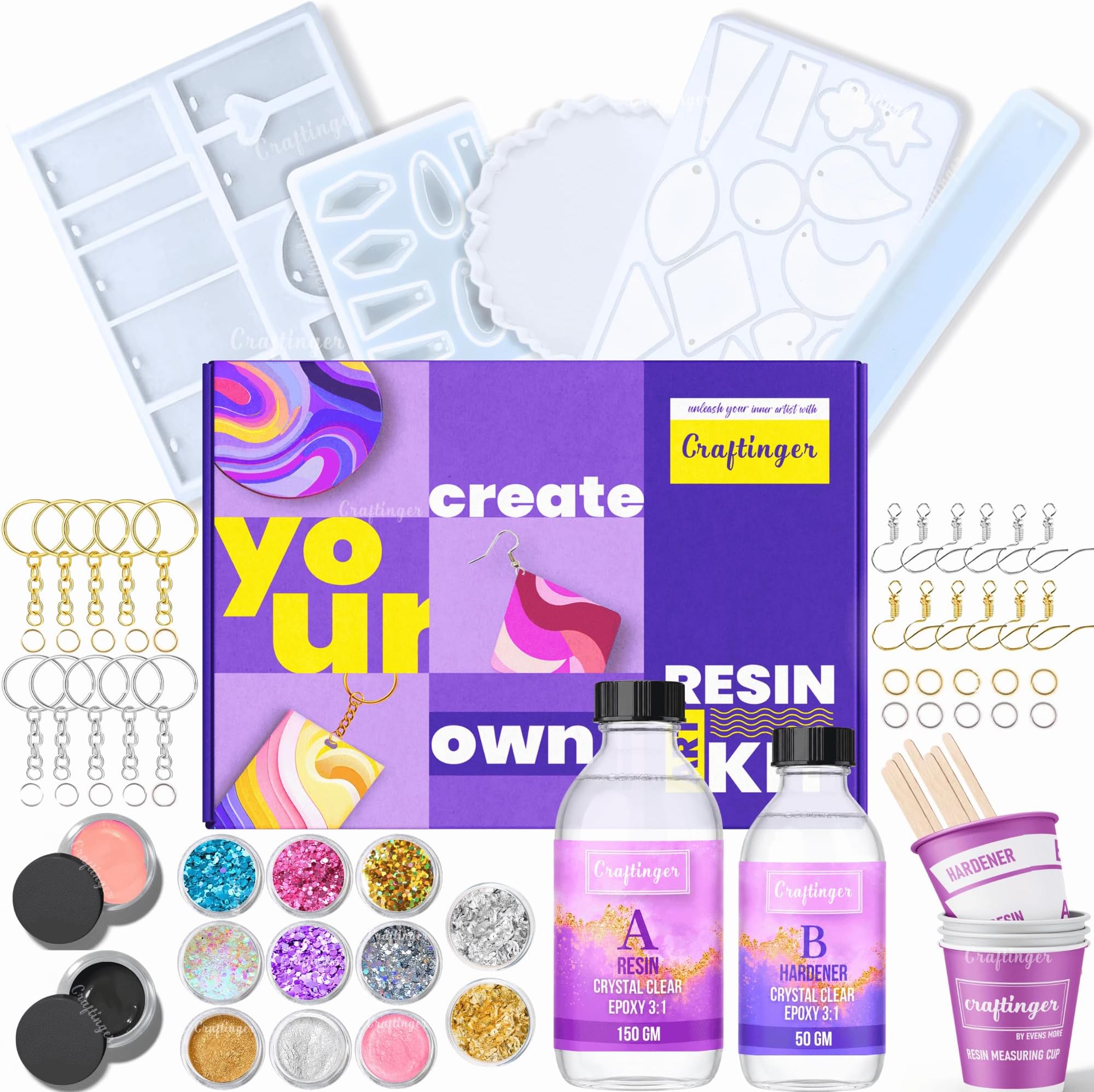 Craftinger DIY Resin Keychain Making kIt with 200Gm Resin, Glitter and Keyring