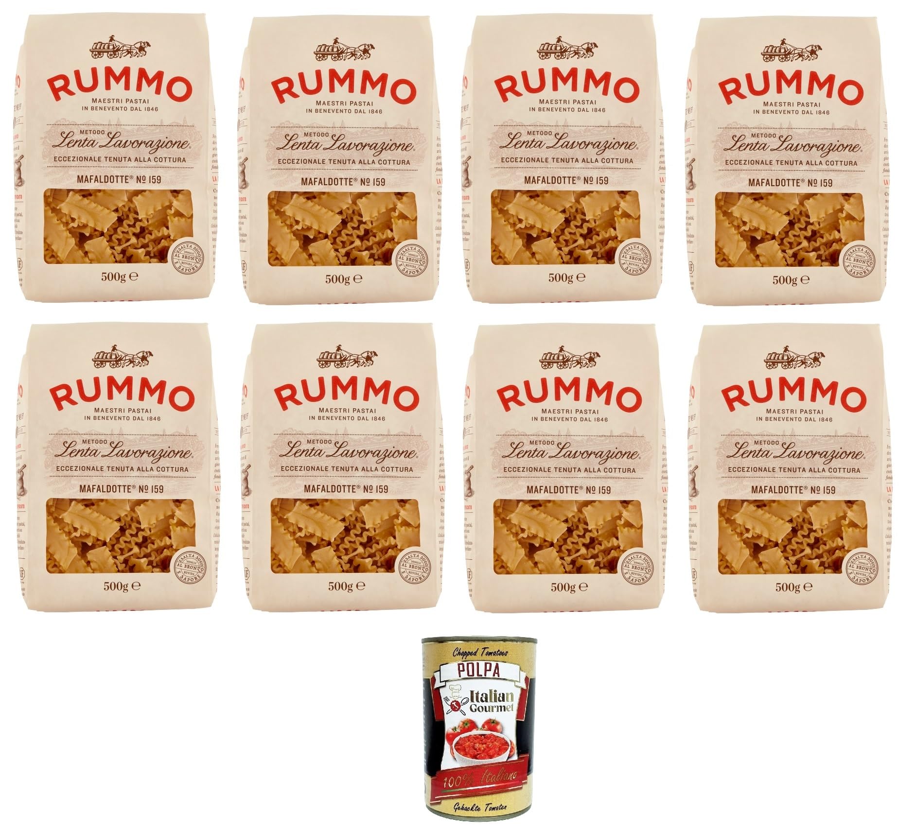 Rummo Mafaldotte N°159 Pasta Lenta Lavorazione Teigwaren aus Hartweizengrieß Bronze-Zeichnung 8x 500gr + Italian Gourmet polpa 400g