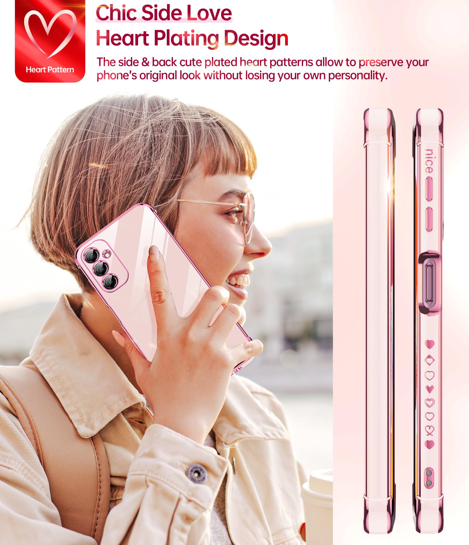 LeYi for Galaxy A14-5G Phone Case: Screen Protector [2 Pcs]+ Full Camera Lens Protection, Love Heart Plating Girly Luxury Shockproof Cell Cover Basic funda para Samsung Galaxy A 14, Pink