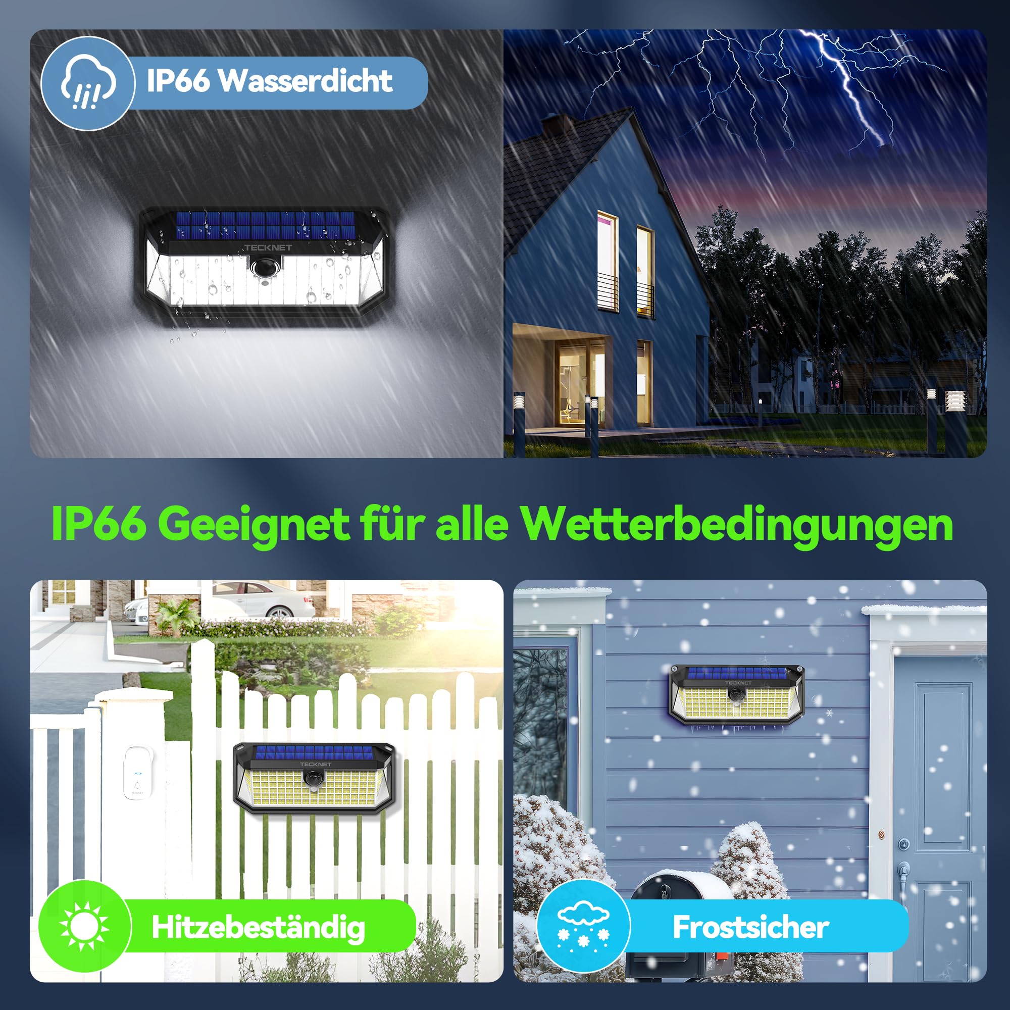 TECKNET Außenlampe mit Bewegungsmelder,416 LED Solarlicht,4 Stück | 300°Superhelle LED Solarleuchten für Außen,IP66 wasserdichte Solar Lampe für Garten,Wand,und Outdoor Beleuchtung