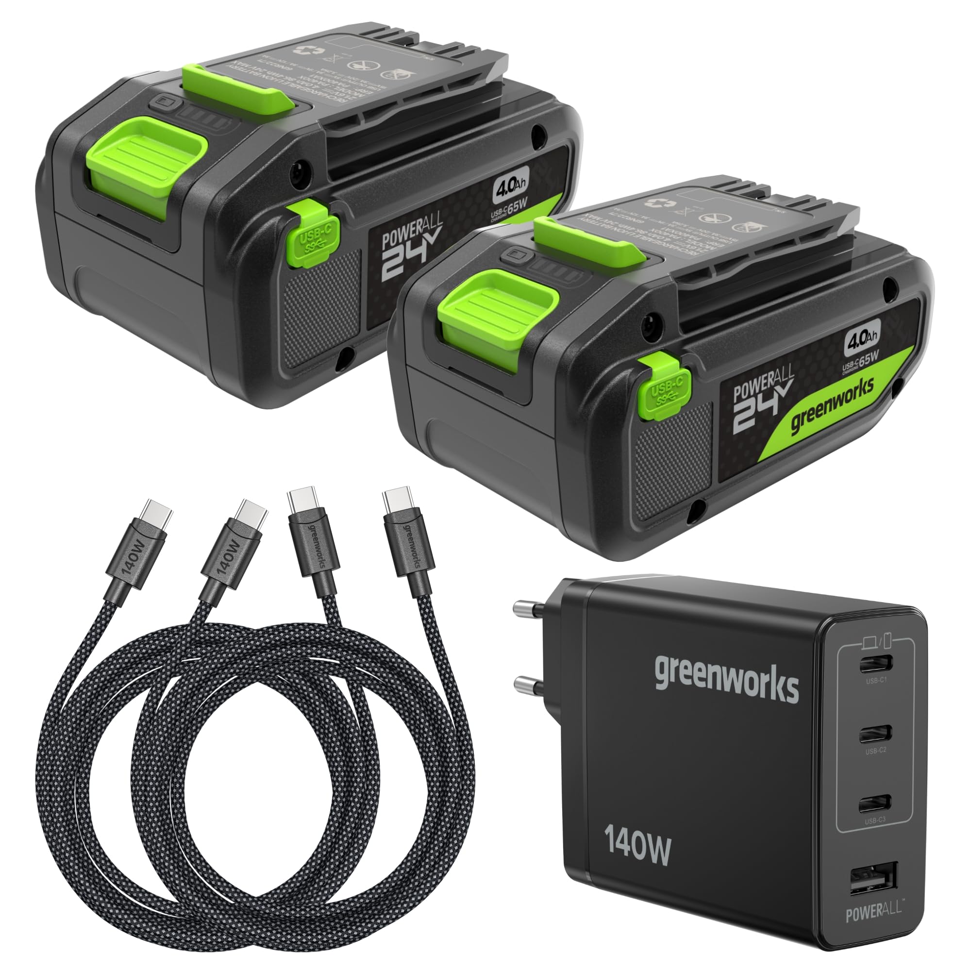 Greenworks 2Pack 24V 4Ah batteria ricaricabile USB-C & caricabatterie USB-C da 140W & cavo da 140W, batteria compatibile con tutti gli dispositivi Greenworks da 24V, 2 anni di garanzia - K2D8DEA