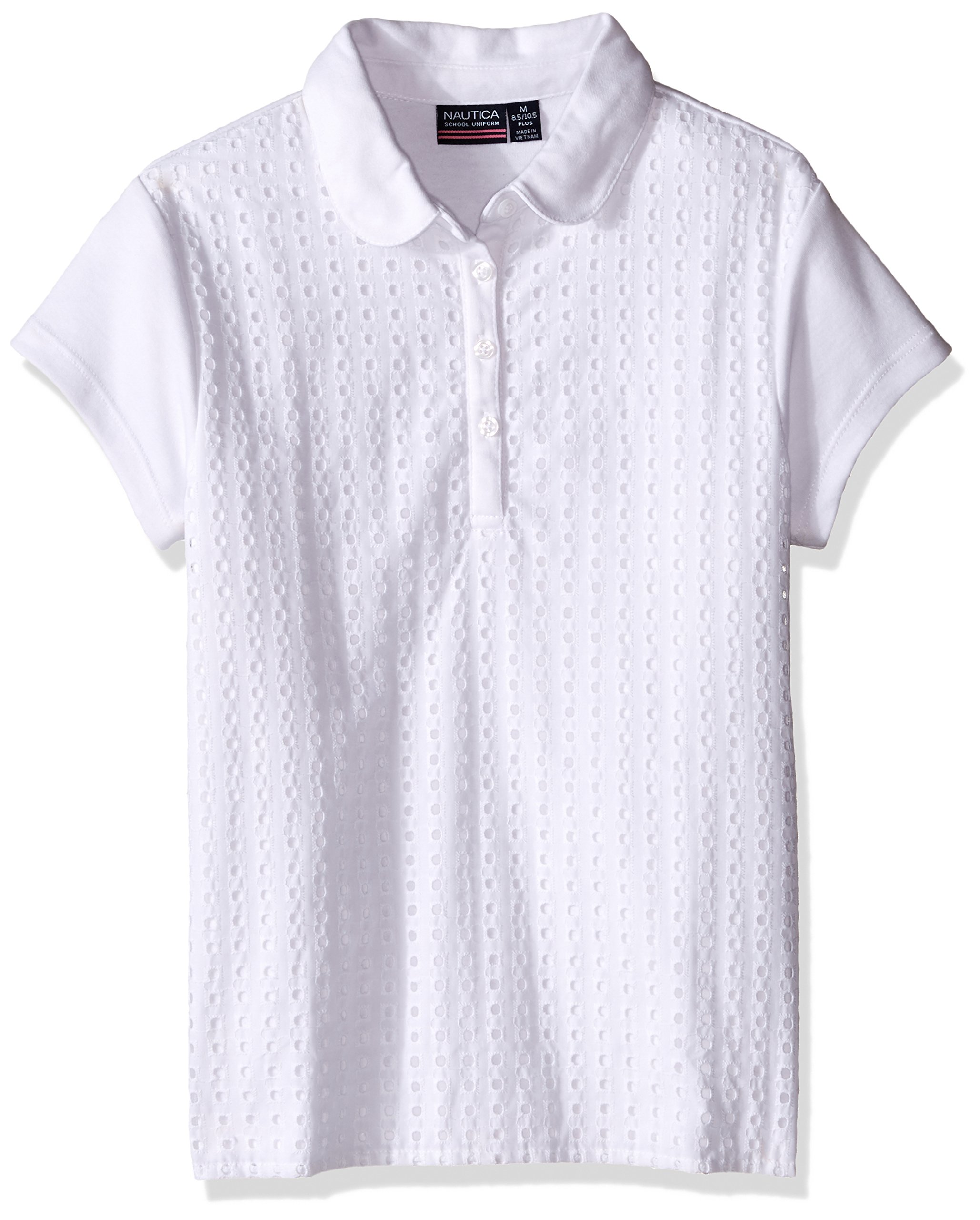 Nautica Girls White ' School Uniform Short Sleeve Polo Shirt, Button Closure, Soft Pique Fabric, 12-14