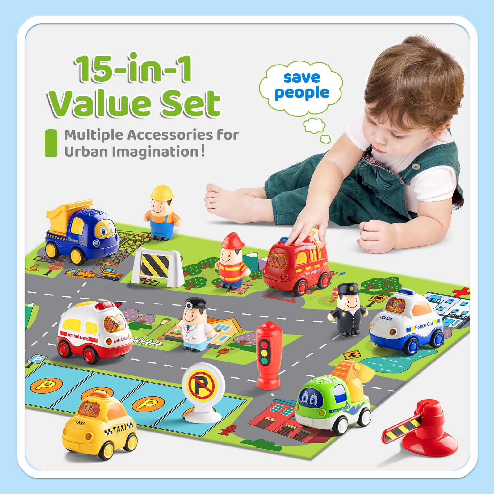 ALASOU 12 PC Figure Construction Vehicle Toys With Playmat & Storage Bag - Toddler Toy Cars Set
