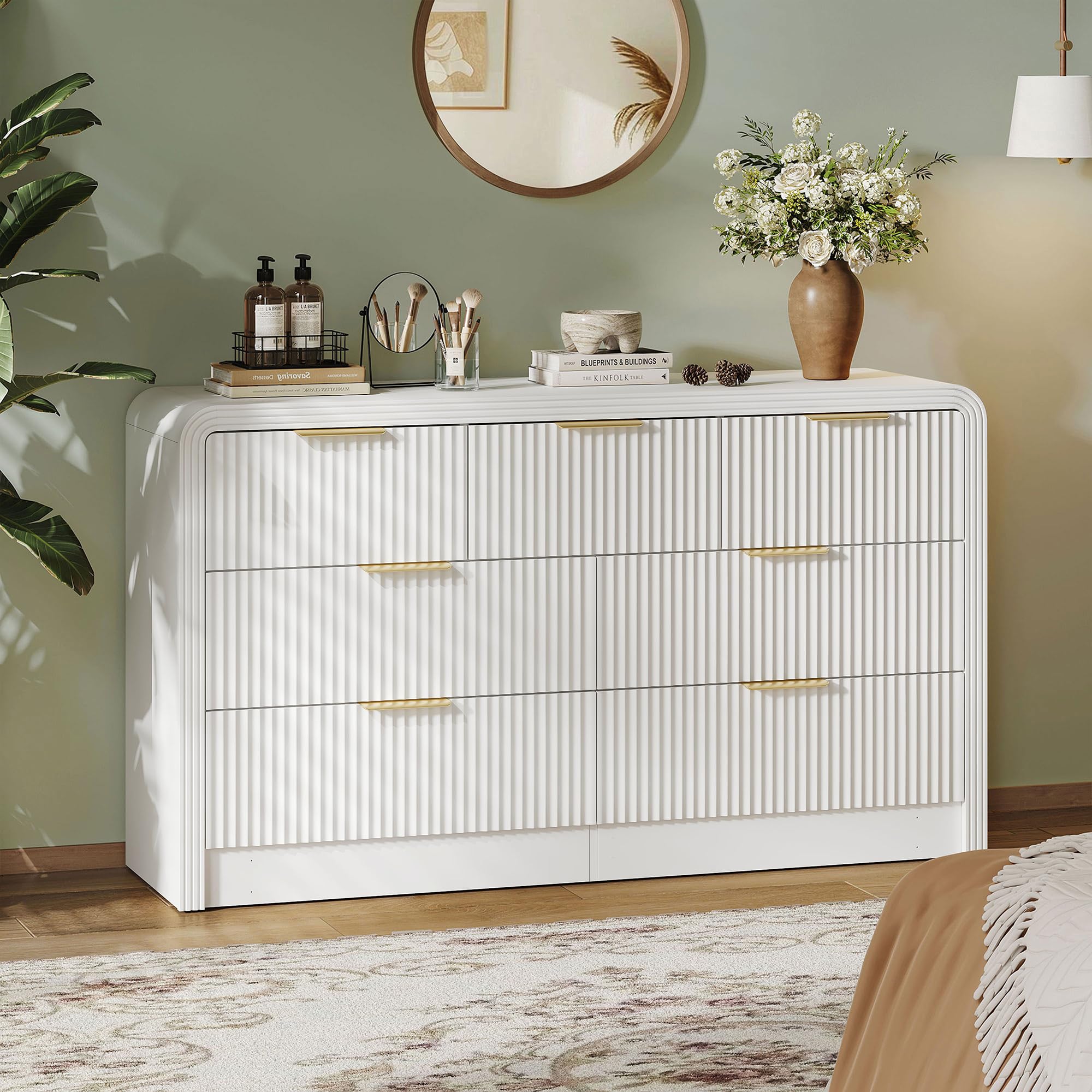 Photo 1 of ** one of two boxes. Selling as partial set**Decofy Fluted Drawers Dresser for Bedroom, Wood Dressers with Gold Handles, Modern Dressers with Wave Texture, Large Storage Chest of Drawers, Bedroom Dresser Organizer 55'' & 7 Drawers ((Pure White)