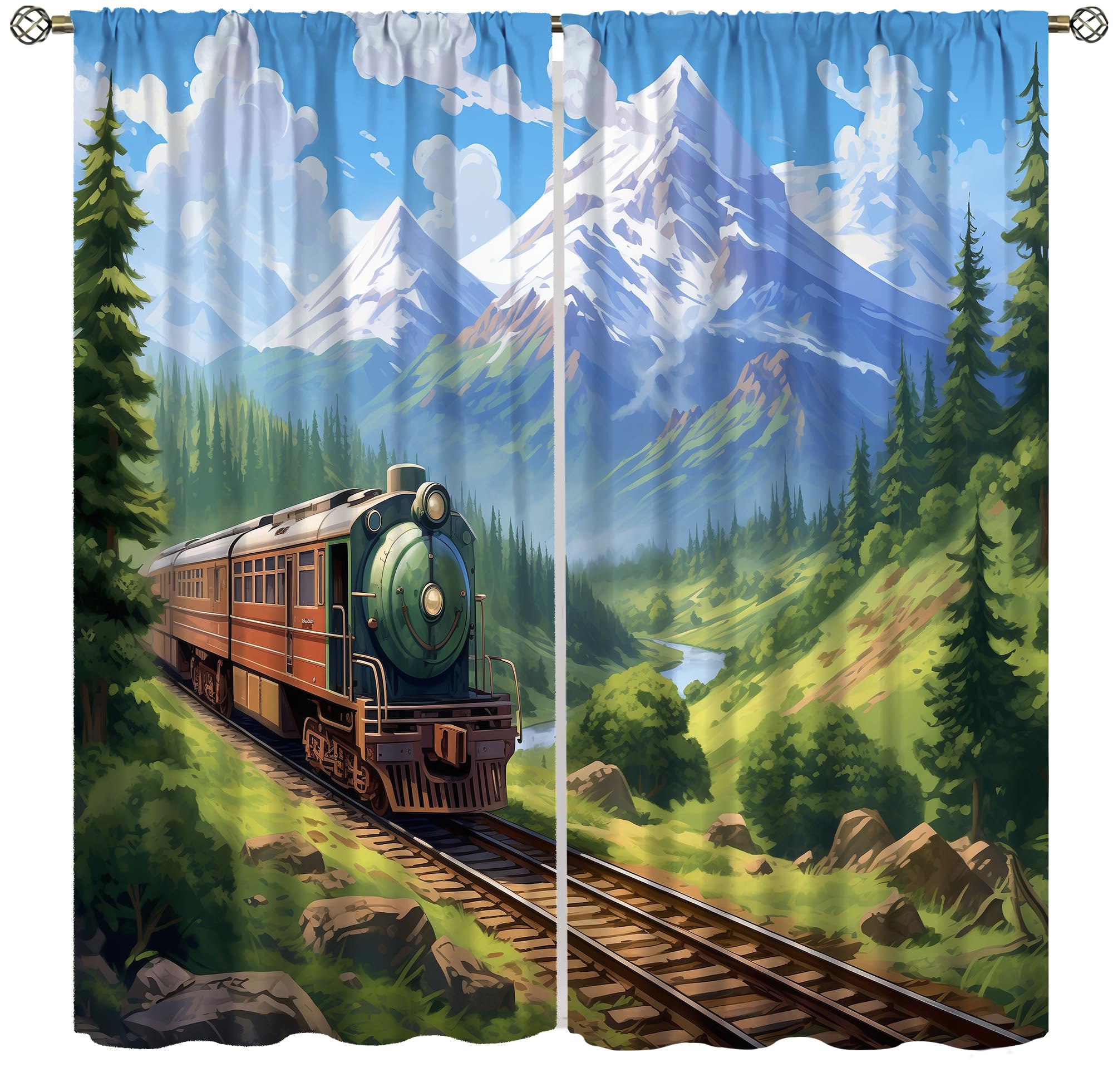 AAVEUP Train Curtains for Boys,Cartoon Nature Forest Oil Painting Vintage Rustic Steam Train Tracks Window Drapes Print for Kids Teenager Bedroom