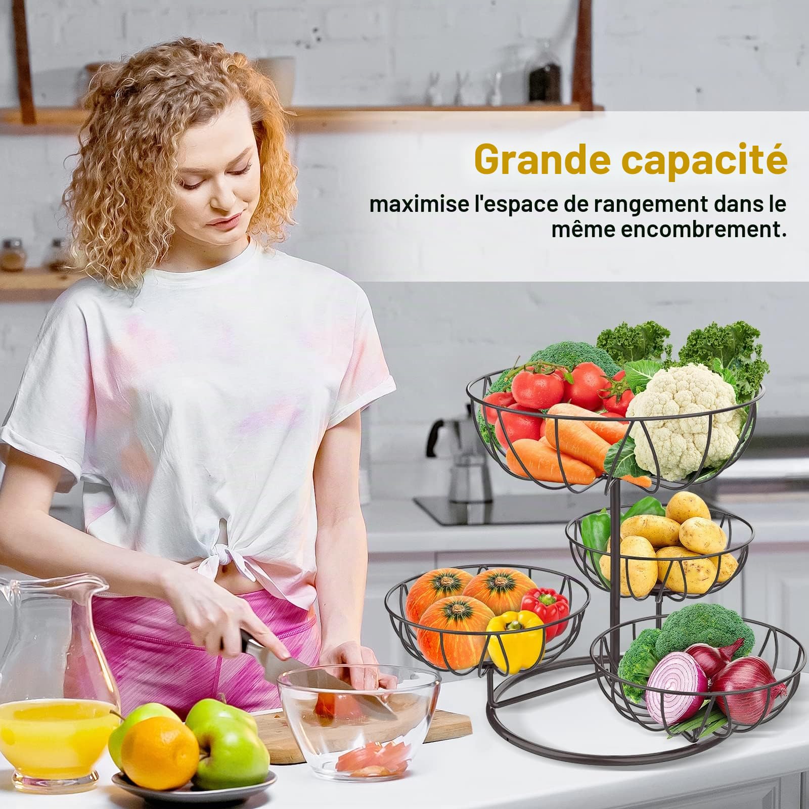 Bomclap Corbeille à fruits, présentoir à fruits à 4 étages, corbeille à fruits en métal pour plan de travail de cuisine, paniers de fruits détachables à 4 étages, présentoirs à fruits pour légumes