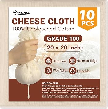 10 PCS Cheesecloth, 20x20 Inch 100% Unbleached Cotton, Reusable Hemmed Cheese Cloths for Straining, Nut Milk, Baking and Cheese Making Grade 100