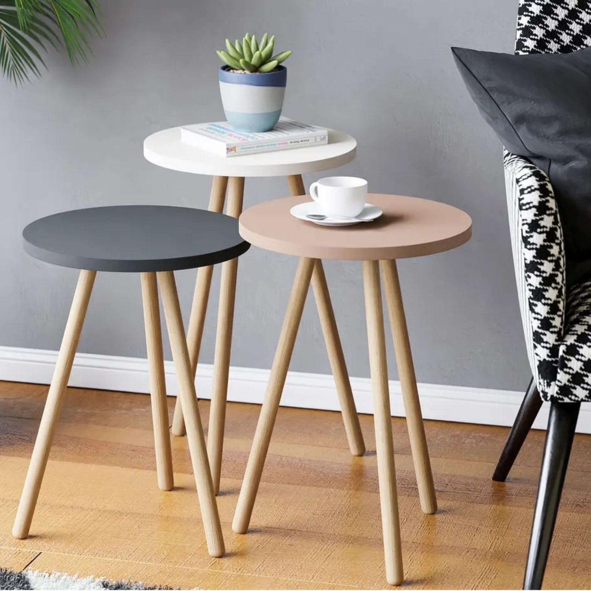 Photo 1 of Small Spaces Nesting Coffee Table Set of 3, Minimalist Space Saver Modern Round Side Table for Couch, Sofa, Bedside, Coffee and Snack Tray for Living Room (Cappucino)