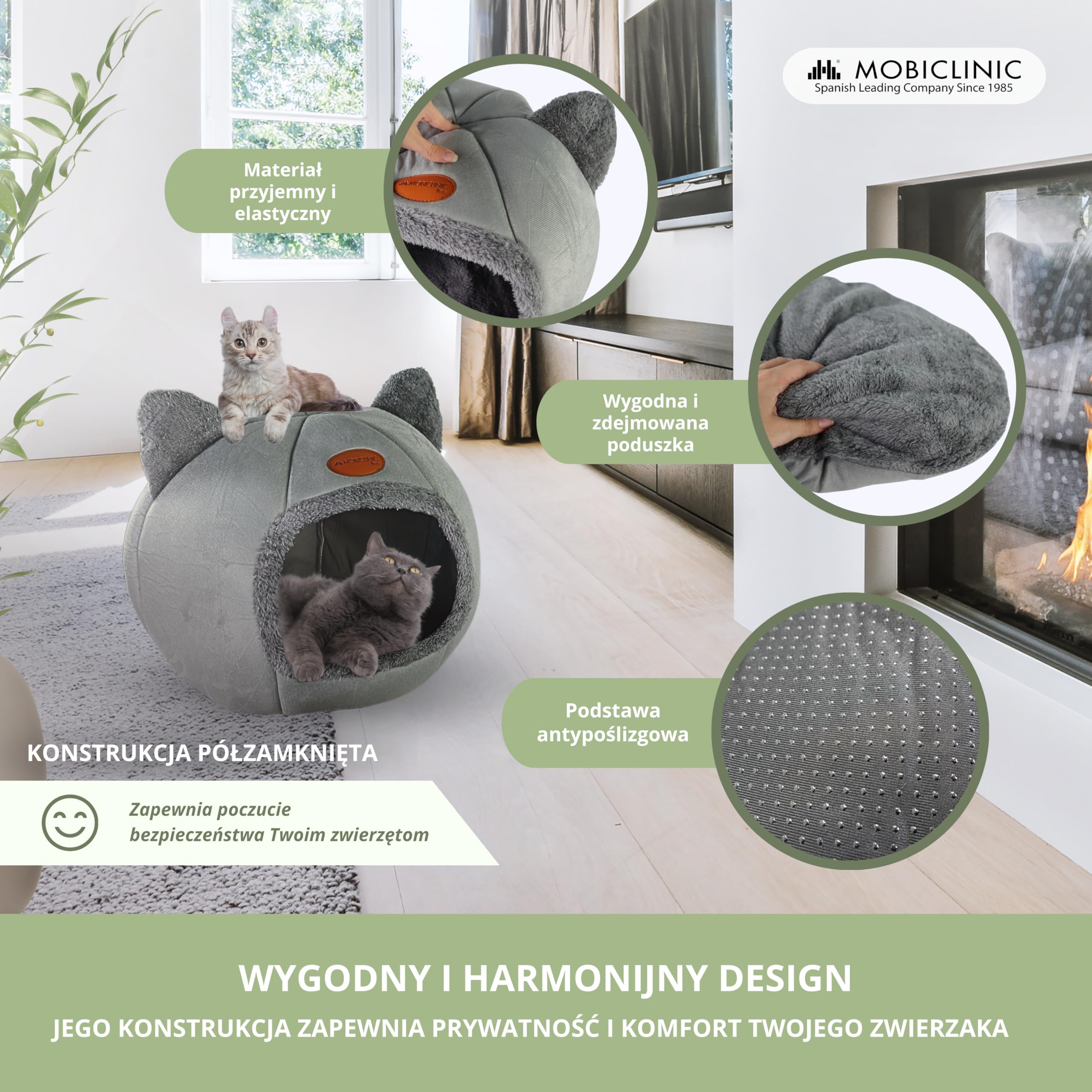 Mobiclinic® pets, Łóżko dla kotów, Jaskinia gniazdo, Hellocatty, Nadaje ę do prania w pralce, Łatwe złżenia i przechowywania, Antypoślizgowe, Wygodna wyjmowana, Gąbka 25d