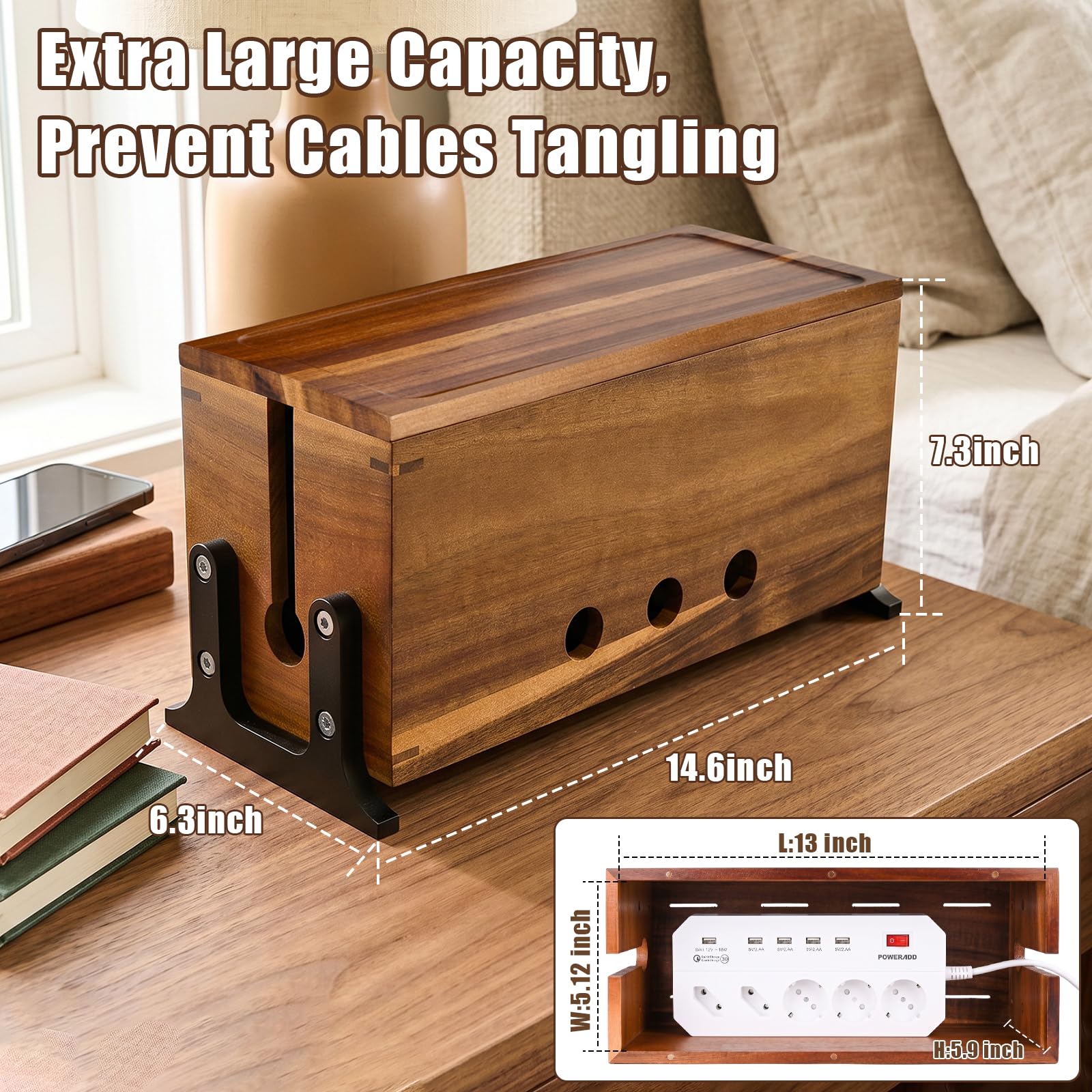 Large Acacia Cable Box - Cord Organizer -2 Large Acacia Cable Box - Cord Organizer -2