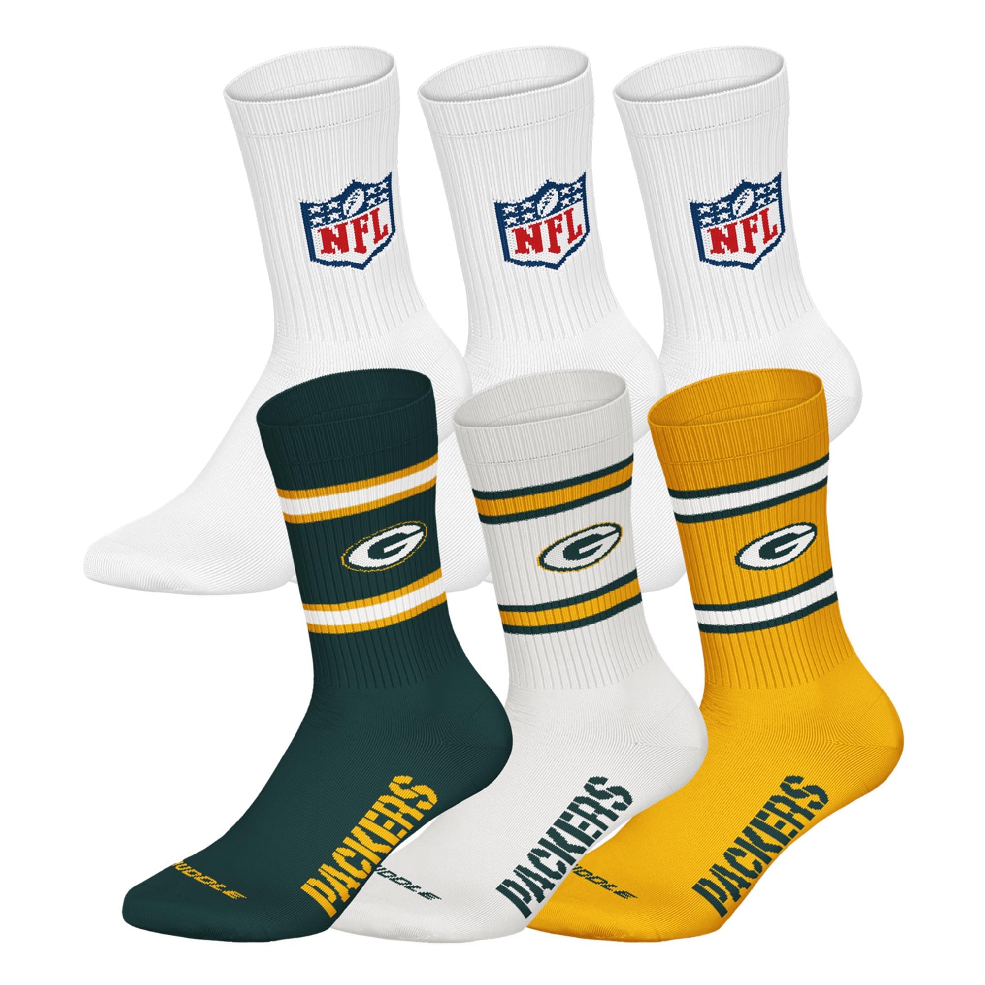 NFL Unisex Team Crew Socks, Green Bay Packers, White, 39-42, Pack of 6