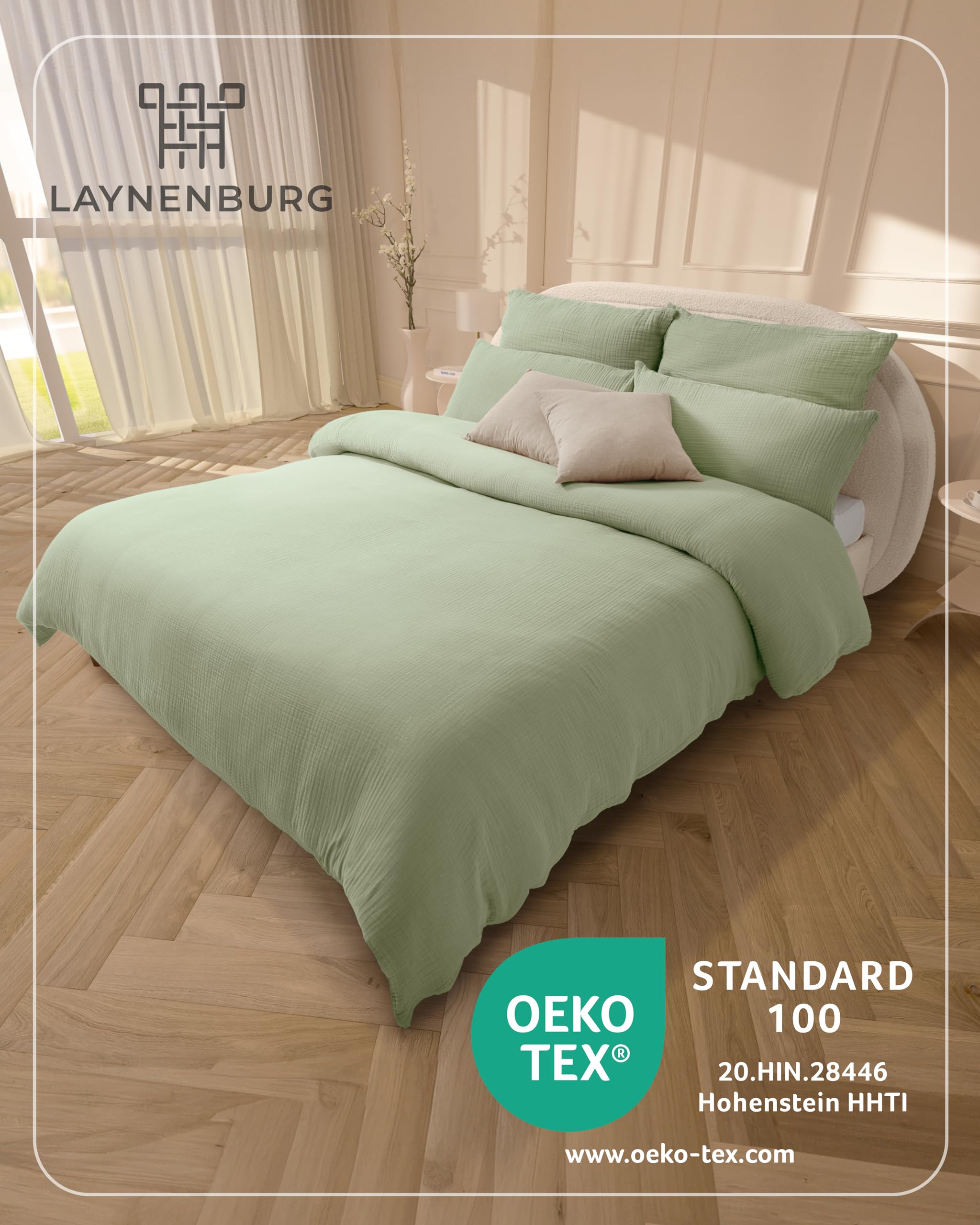 LAYNENBURG Pościel z muślinu 135 x 200 cm + 80 x 80 cm – Öko-Tex – 100% bawełna – oddychająca i nie wymaga prasowania – 2-warstwowy muślin z zamkiem błyskawicznym i taśmami mocującymi (szałwiowa