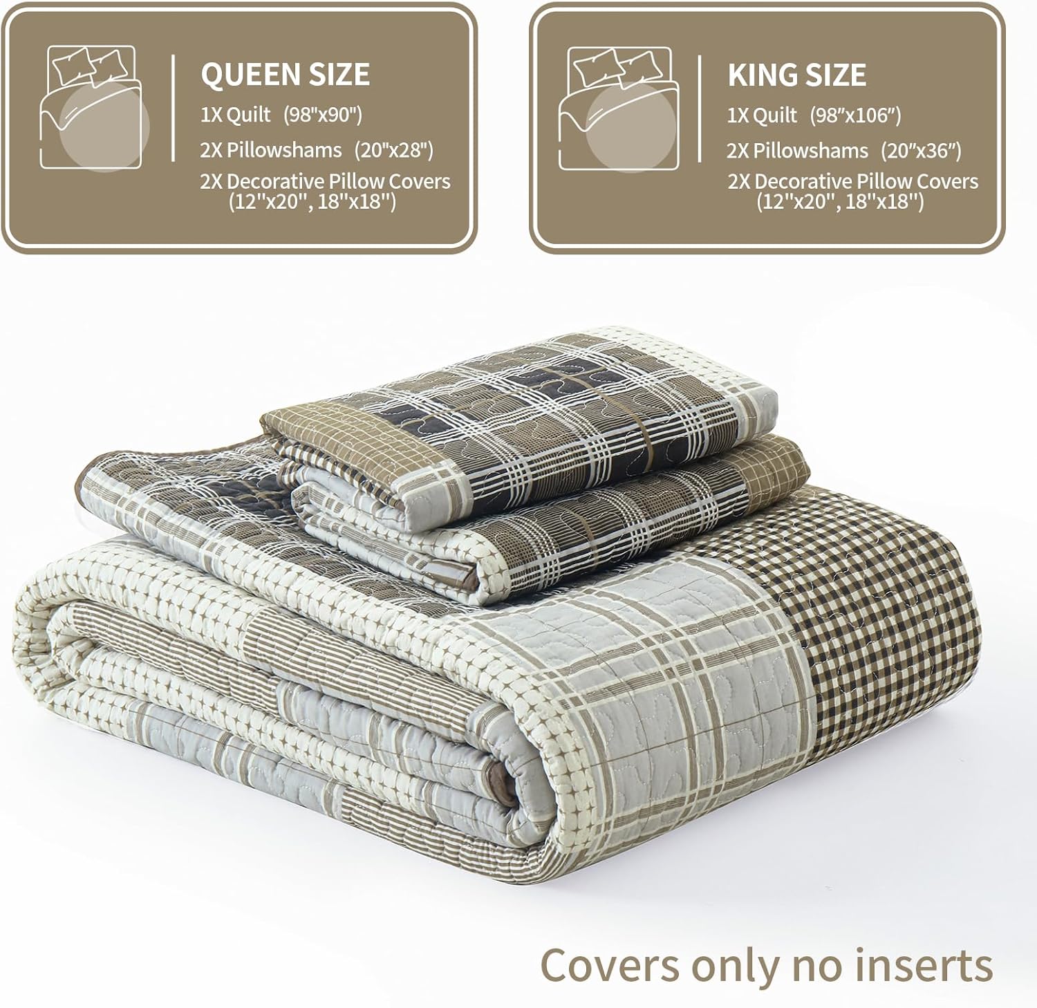 KALOOLA 100% Cotton 5-Pieces Quilt Set Queen Size, All Season Lightweight Quilted Bedspread with 2 Shams 2 Decorative Pillow Covers, Farmhouse Bedding Coverlet for Queen Bed, Beige/Cream/Brown