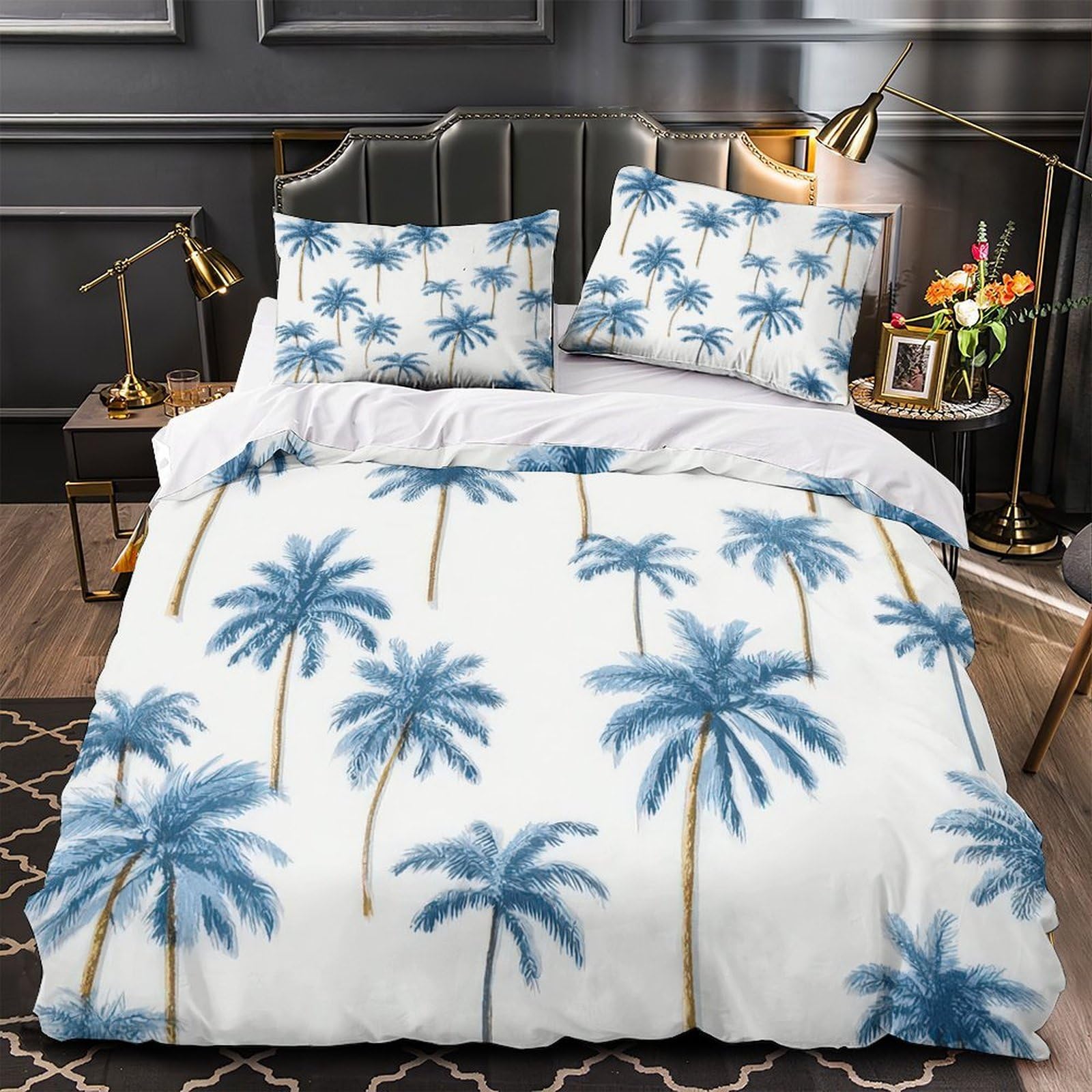 Housse de couette palmier microfibre 220x240 cm bleu tropical avec 2 taies d'oreiller