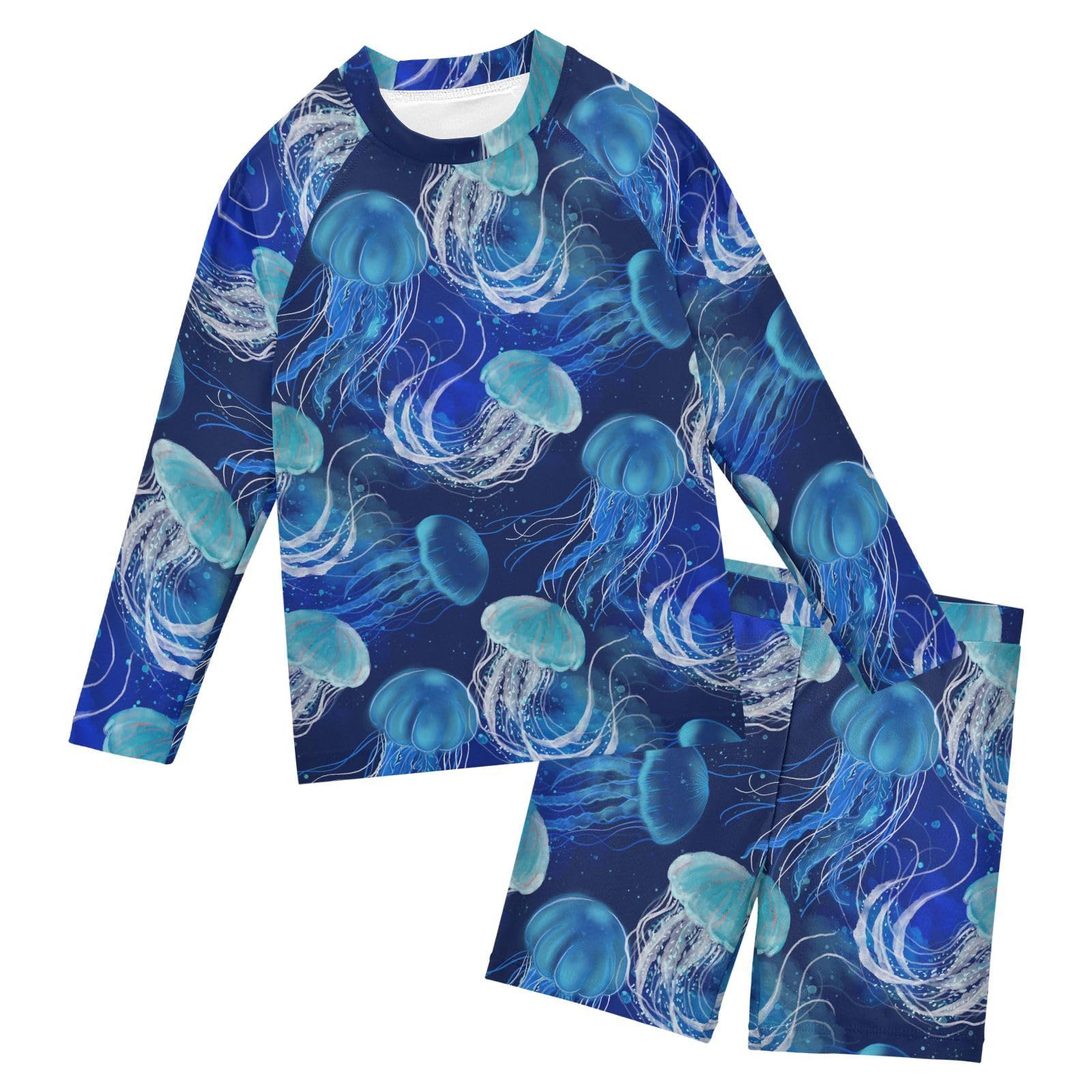 Aflyko Boys' Rash Guard Set Blue Neon Jellyfish SPF 50+ Sun Protection 2 Piece Swimsuit