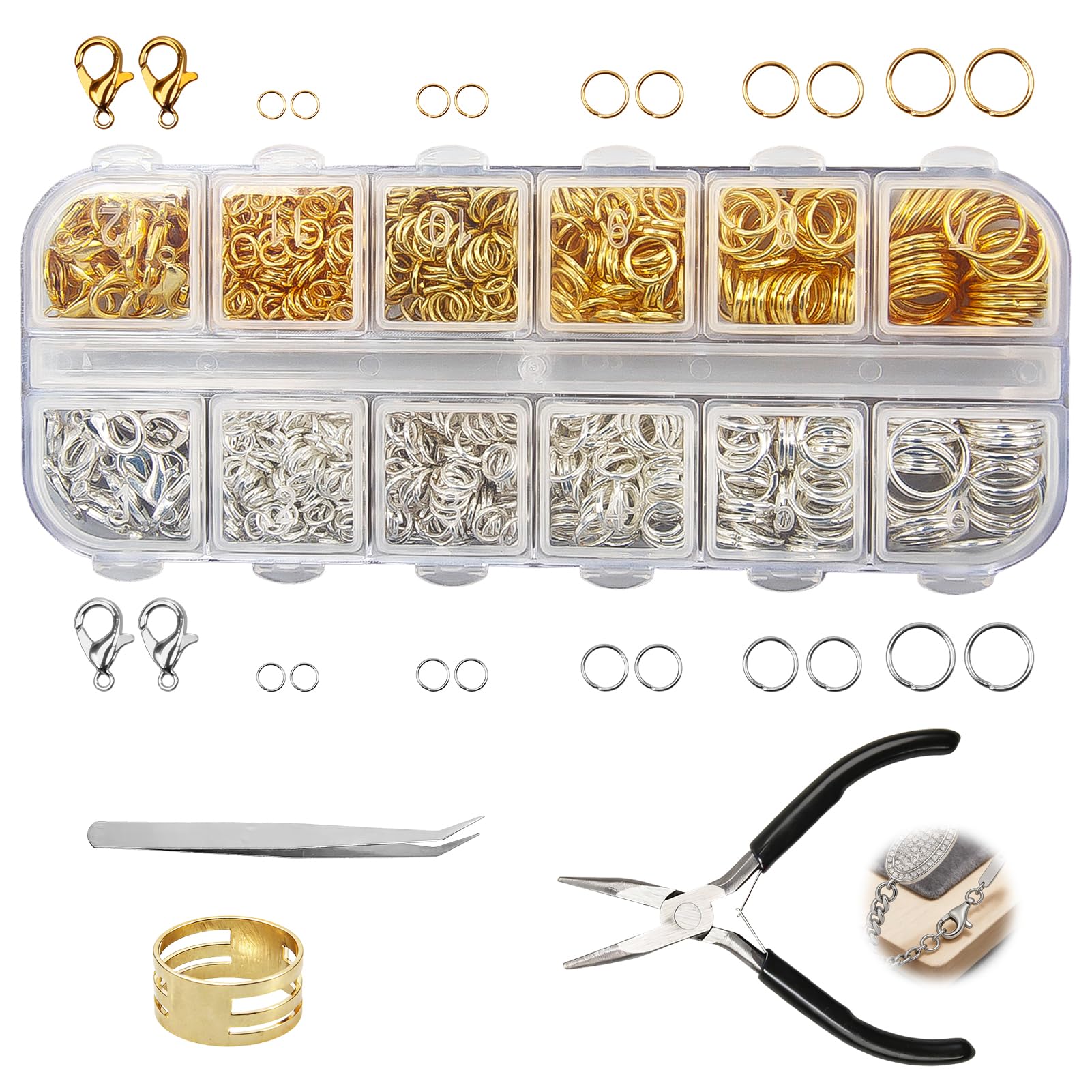 1200PCS Jump Rings, Clasps for Bracelet Making with Lobster Clasp Set, 4/5/6/8/10mm Sizes Silver Gold, Tools for Bracelet Creation DIY Craft Beading Accessory Making