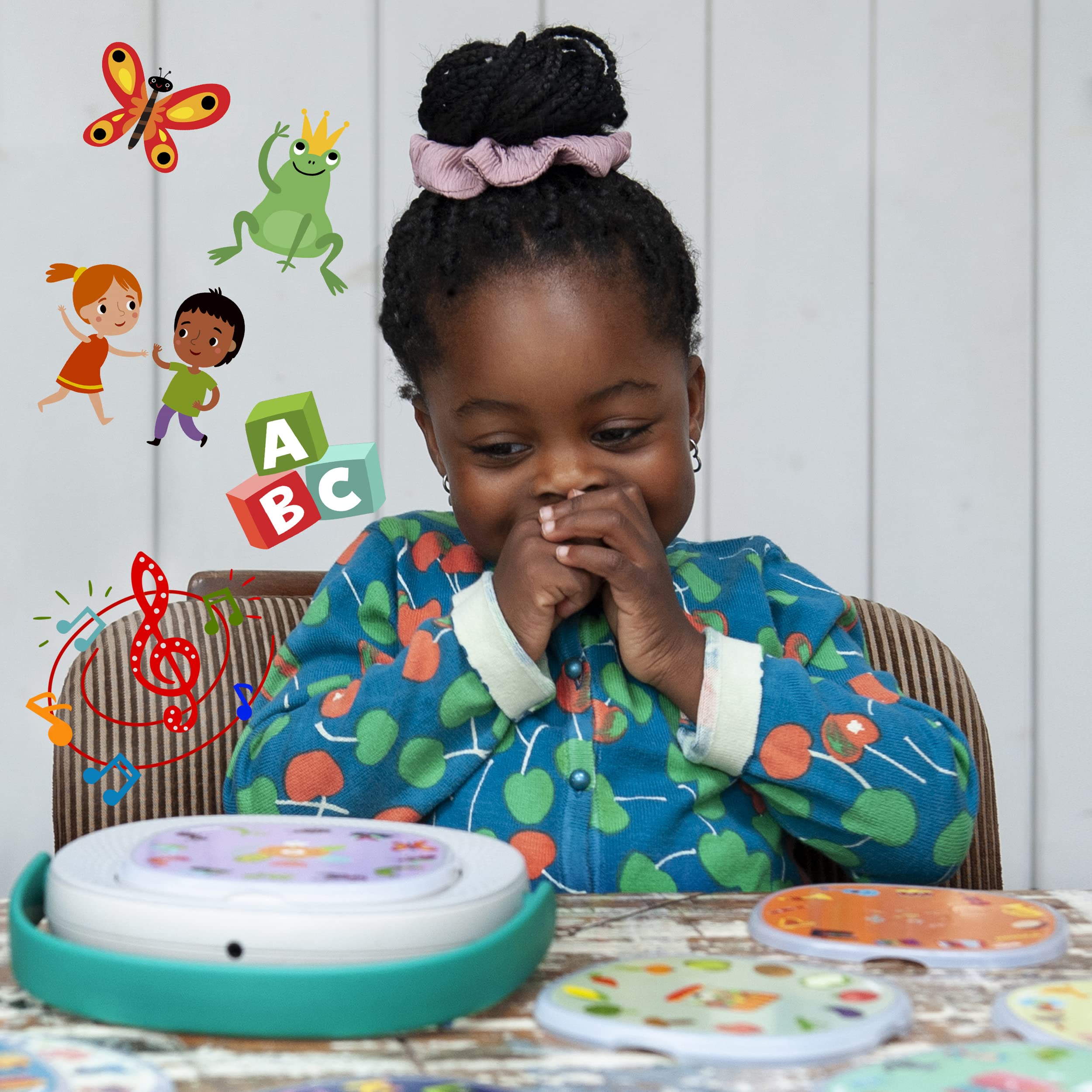 TIMIO Player + 5 Discos | Escucha cuentos, historias, música y rimas infantiles | Aprende números, letras, animales | 8 idiomas incluidos | Juguete interactivo con audio, caja de cuentos para 2-6 años