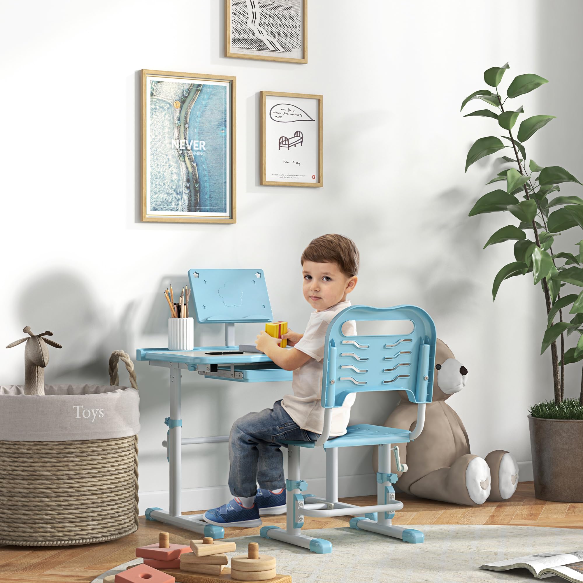 ZONEKIZ Juego de Escritorio y Silla para Niños de 6-12 Años Pupitre Infantil Altura y Ángulo Ajustable con 1 Cajón y 1 Estante para Libros 80x49,5x82-104 cm Azul y Blanco