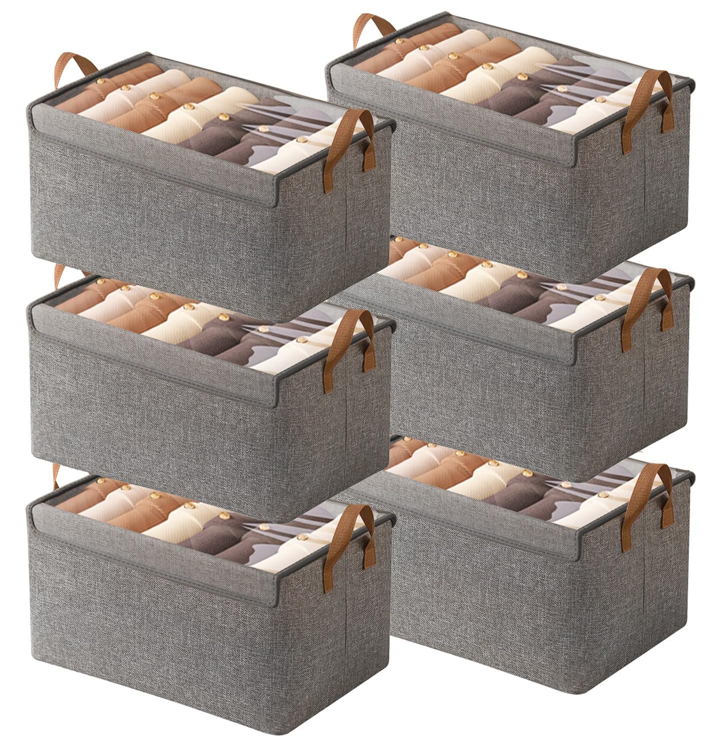 Aarainbow 6 Gray With Lid Closet Organizer Bins 6 Pc, Fabric Clothes Storage Boxes For Wardrobe, Stackable Foldable Storage Boxes With Lids & Metal Frame, 23L (6 Gray With Lid)