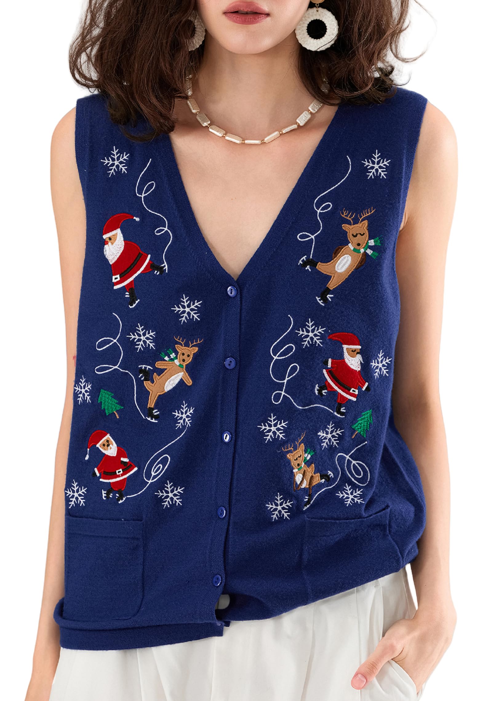 KMBANGI Women Christmas Button Sweater Vest Embroidery Santa Print Sleeveless Cardigan Knit V Neck Vest Top Xmas Clothes