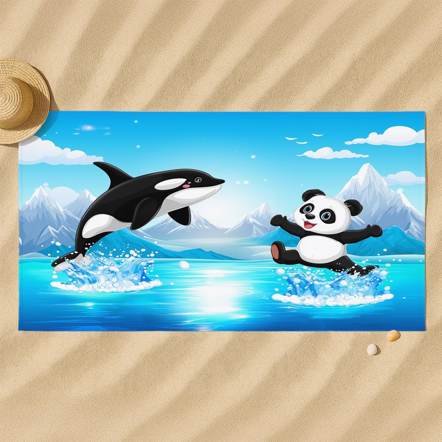Générique Drap de Plage Anti Sable Sechage Rapide 180 cm x 160 cm Cartoon Fun Serviette de Plage Microfibre Aventure Nature Paysage Animaux Panda Baleine Absorbante Super Couverture de Plage