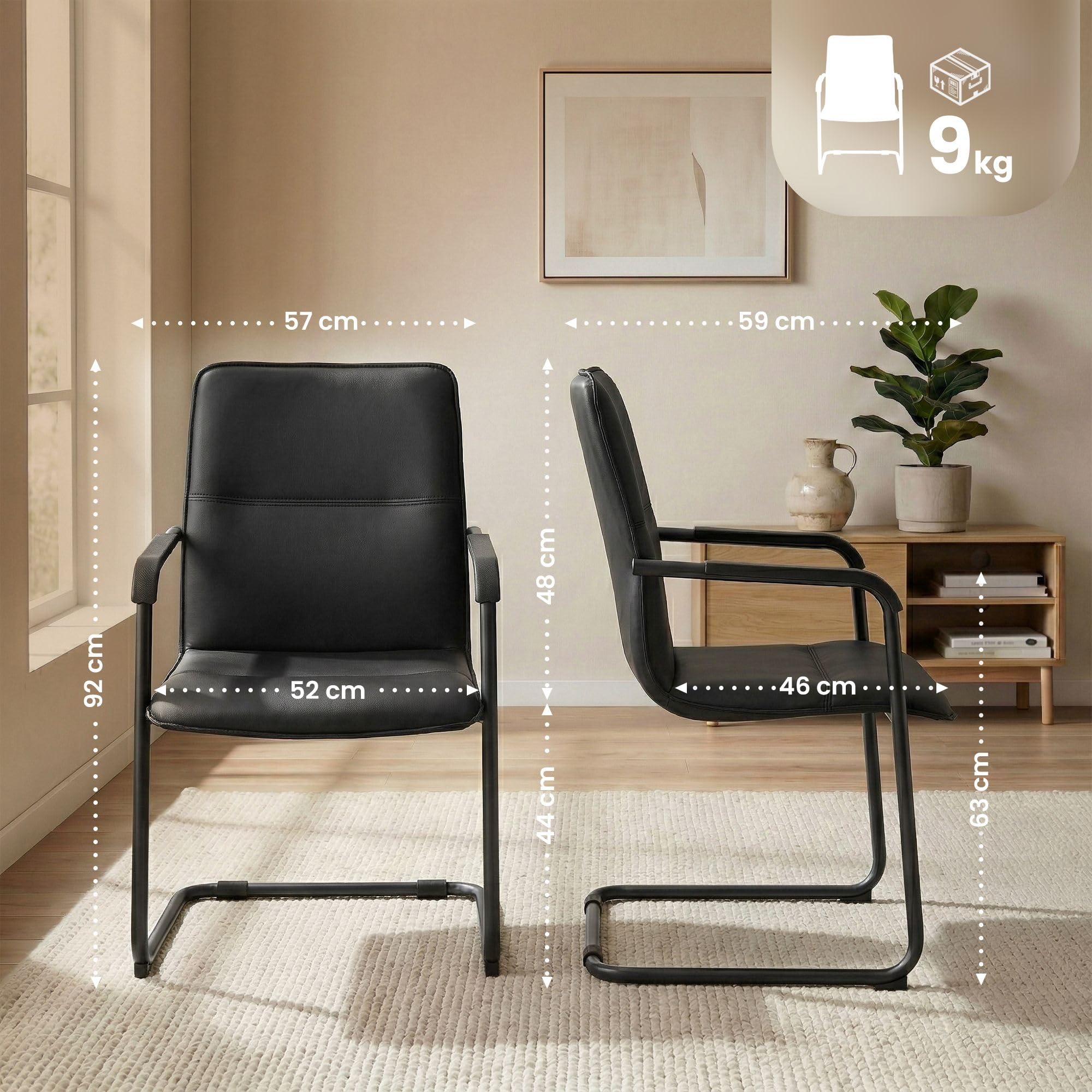CLP Set di 2 sedie a sbalzo con braccioli Seattle, sedie da Pranzo Moderne rivestite in Similpelle, Telaio Cromato, Colore:Nero/Nero
