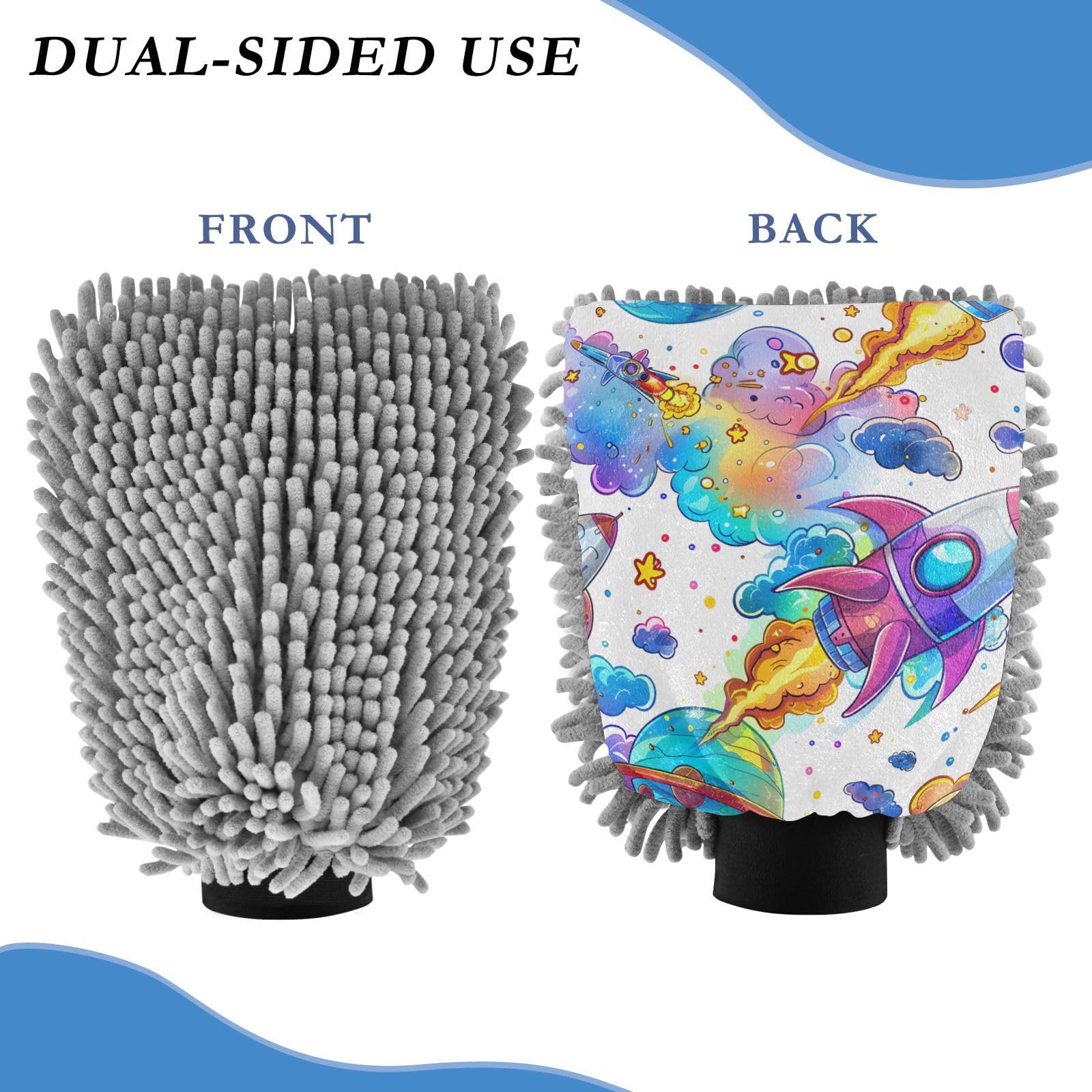 IOACIY Absorbent Microfiber Car Wash Drying Mitts, 2 Pack, Scratch-Free & Lint-Free, Rich Foam, Highly Absorbent, Double Sided, Wash Mitt Perfect for Car Washing, L, Universe Starry Sky Rocket (3)