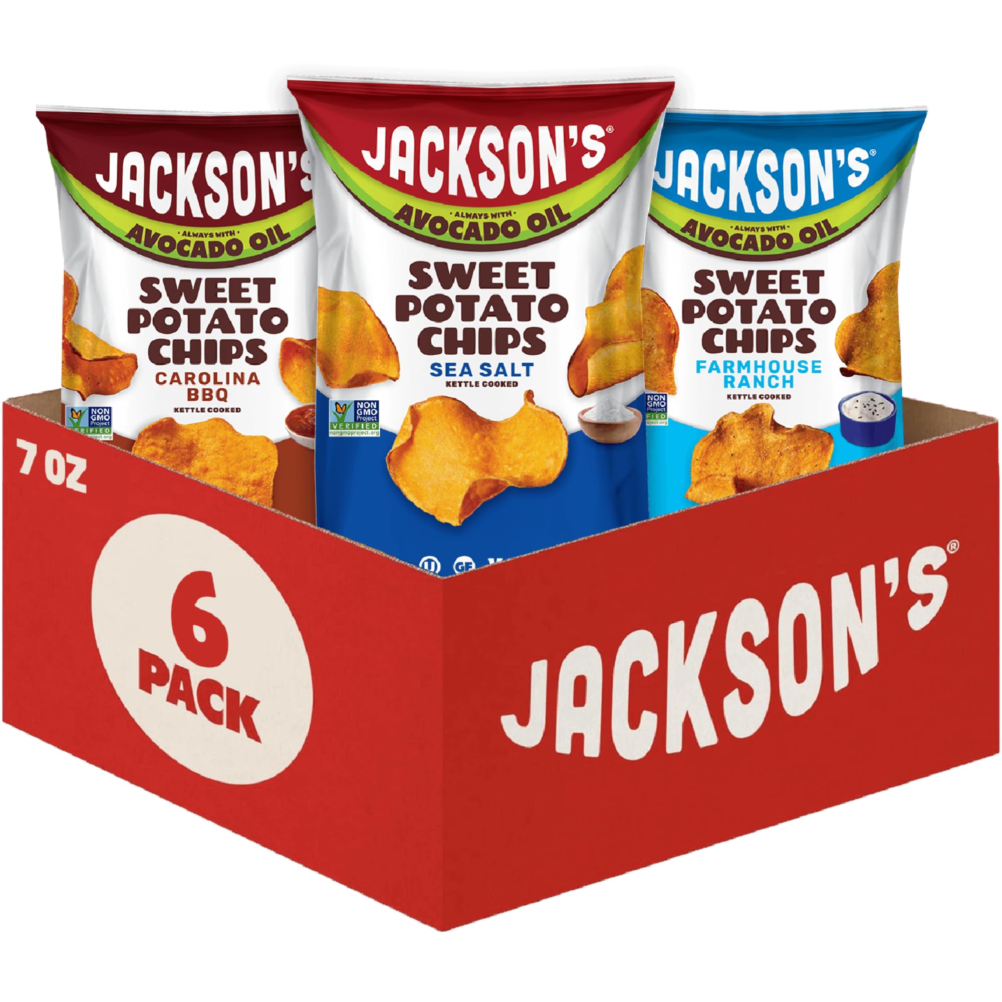 Jackson’s Sweet Potato Kettle Chips Avocado Oil Variety Pack made with Premium Oils (7oz, Pack of 6) Sea Salt, Ranch and BBQ Flavors - Allergen-friendly, Gluten Free, Vegan