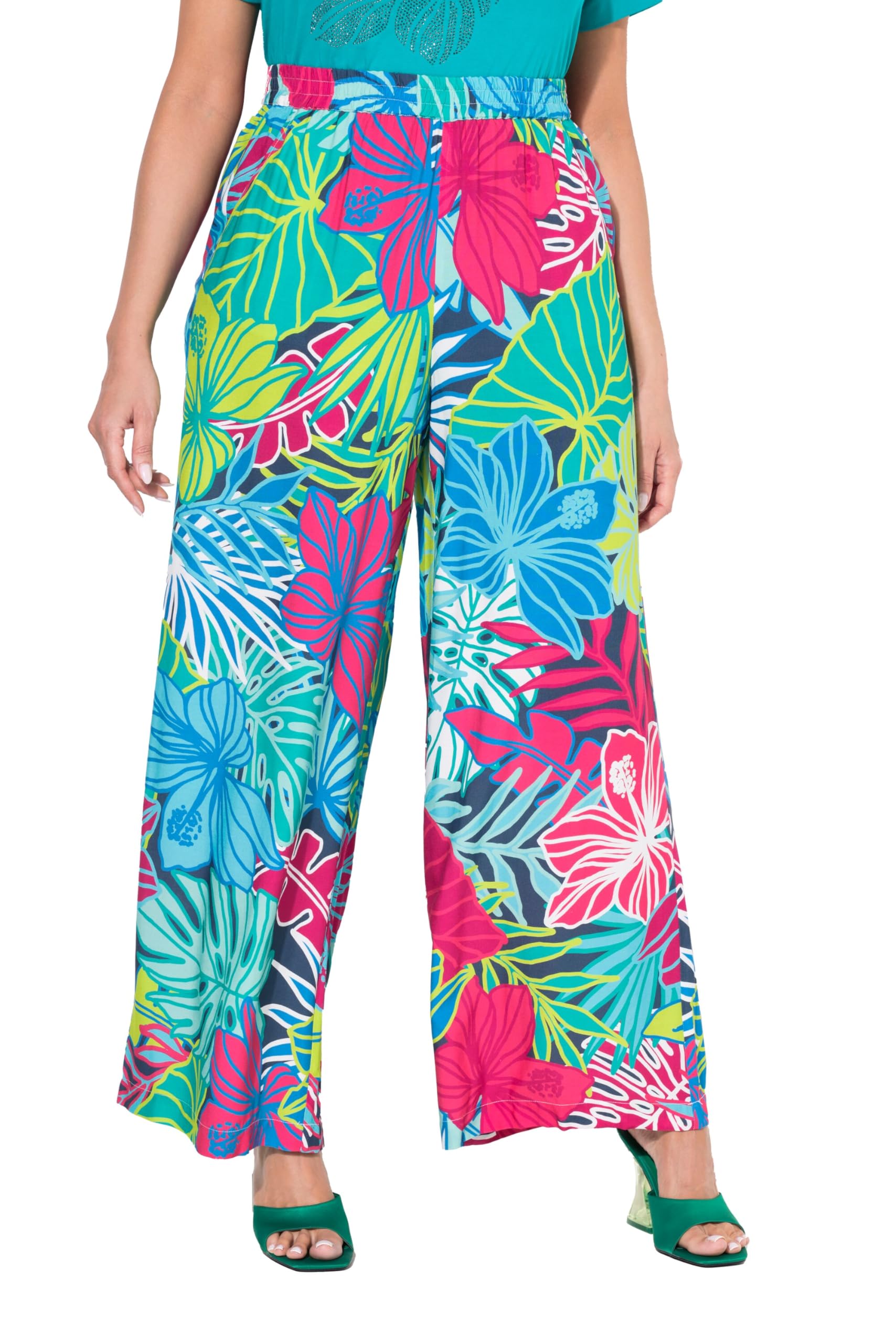 Ulla Popken Damen große Größen Übergrößen Plus Size Hose, Blätter, weites, gerades Bein, Elastikbund 839120