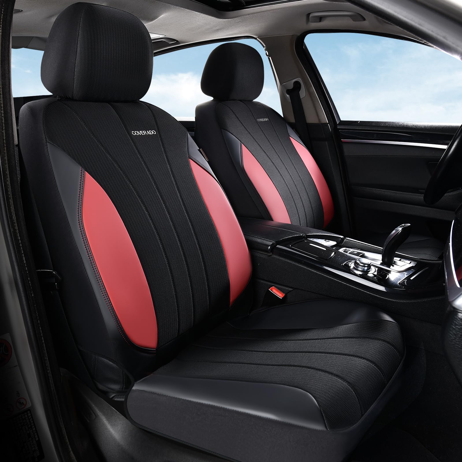 Coverado Seat Covers for Car 2 Seats, PU Leather &amp; Breathable Mesh Seat Protectors, Universal Fit for SUVs, Trucks, Sedans
