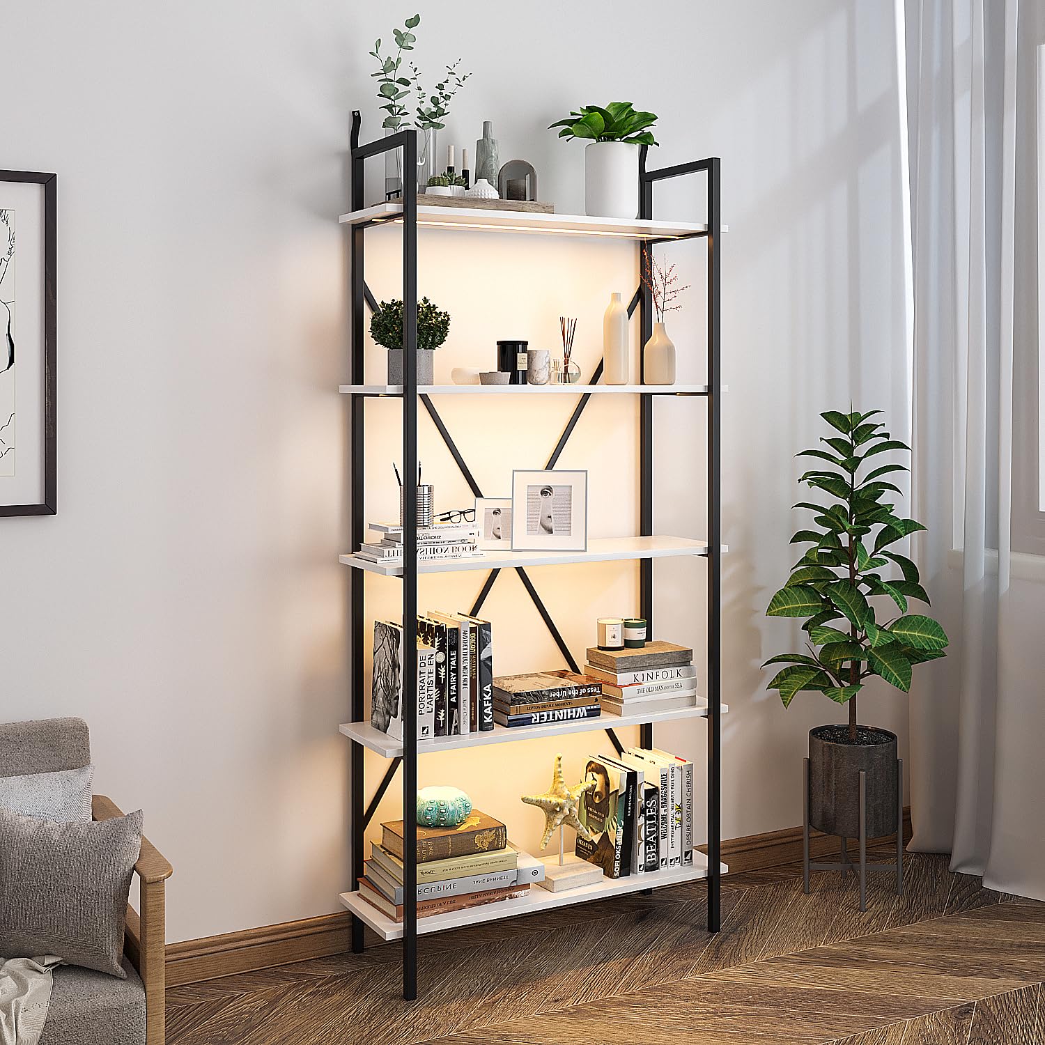 Vlsrka 5 Tier Bookshelf with 3 LED Lights, Industrial Bookshelf Tall Bookshelf Vintage Etagere Bookshelf Modern Bookcases Storage Organizer Open Display Shelves for Living Room Bedroom Home Kitchen