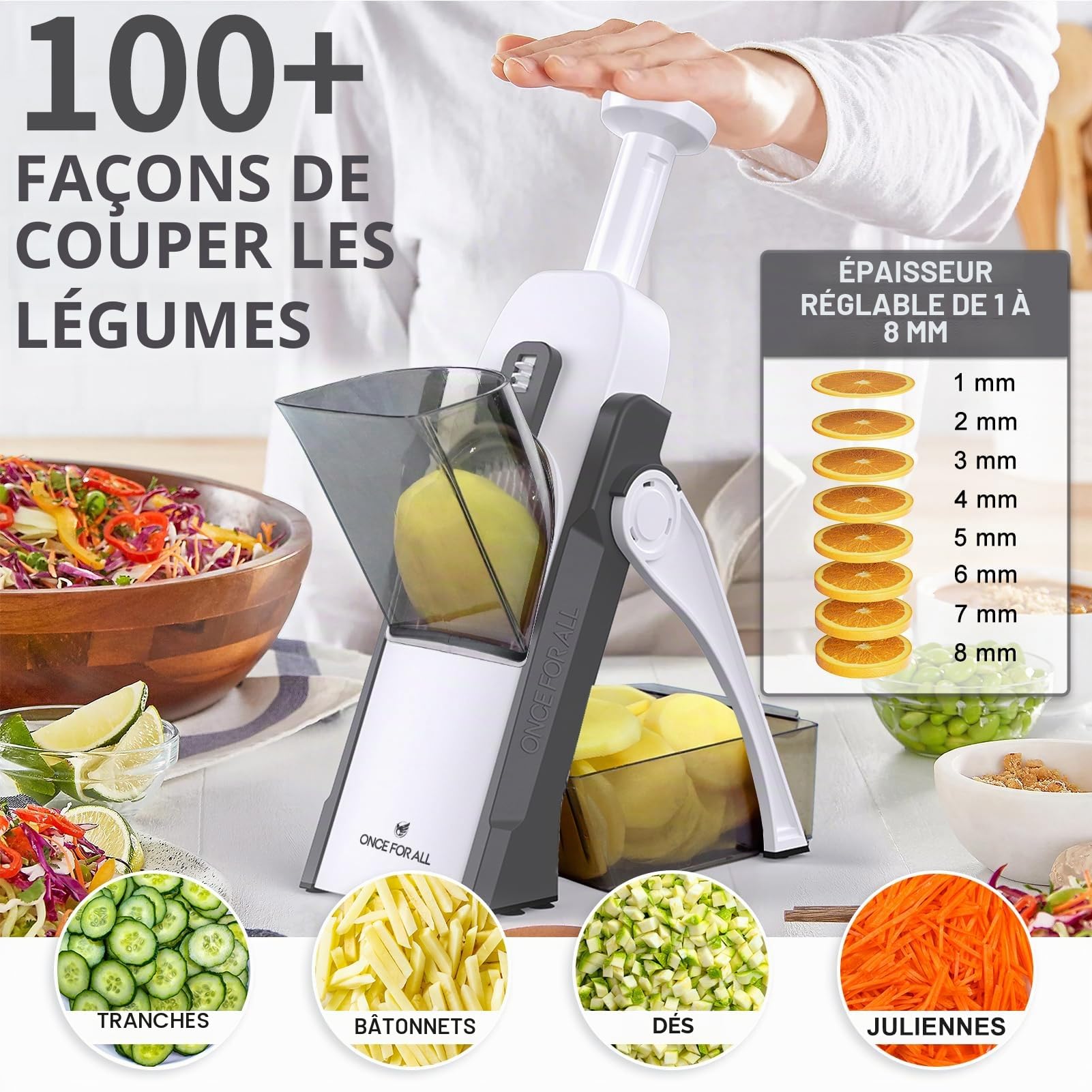 ONCE FOR ALL Mandoline de Cuisine Manuelle Multifonction | Tous Coupe Légumes Lame en acier inoxydable, Julienne, Cubes, Fcoupe Patate Frite carotte, tomate