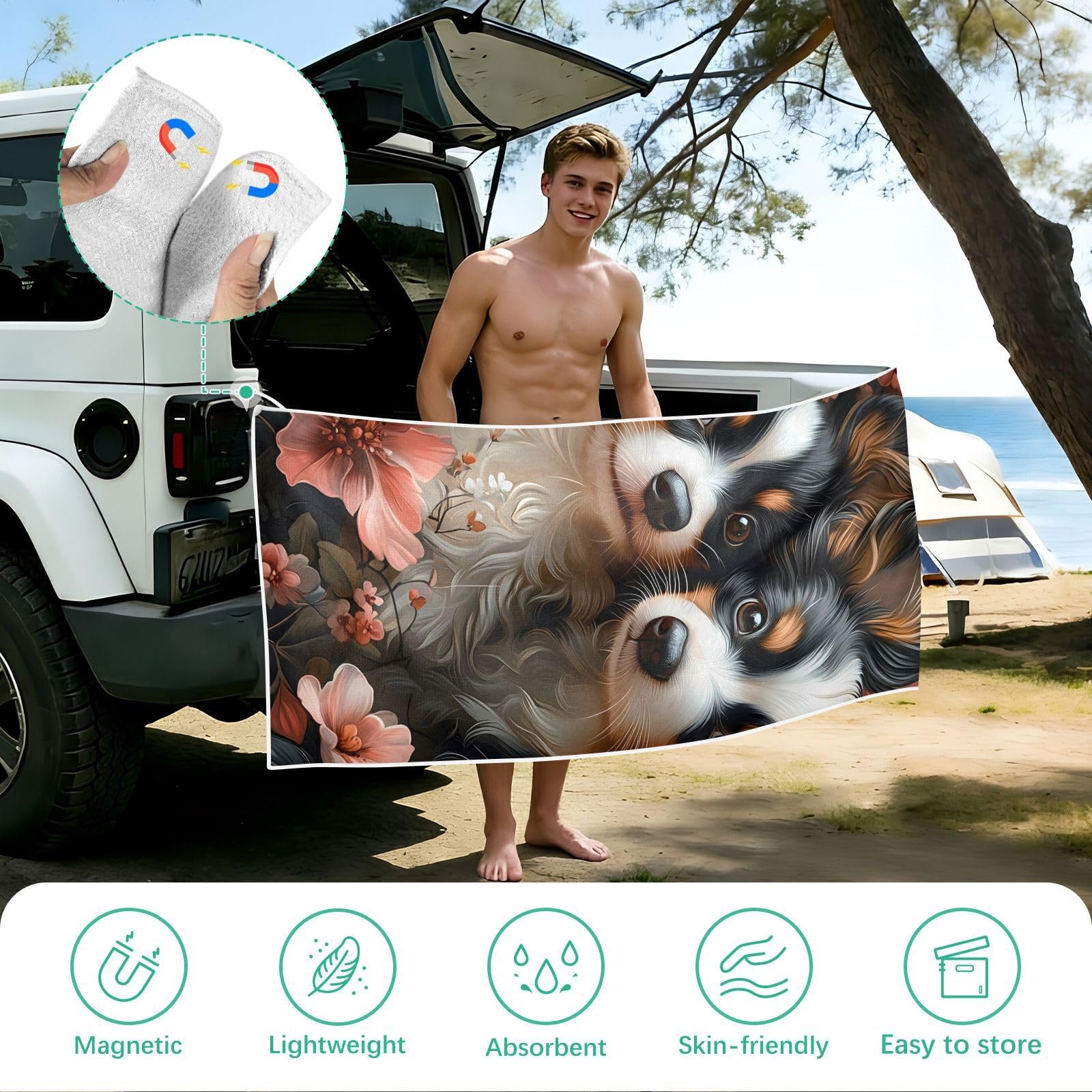 Toallas de playa grandes con bolsas de malla para adultos, toalla de baño de dos perros Papillon con cierre magnético, toalla absorbente de secado rápido para piscina, camping y viajes, 190 x 80
