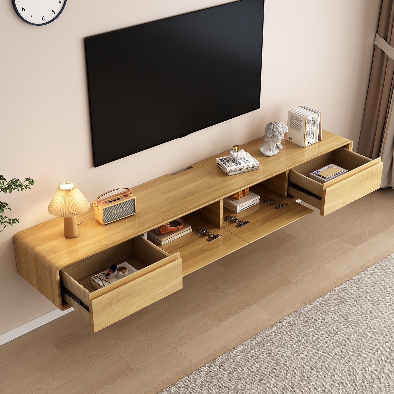 Soporte flotante para TV, estantes flotantes grandes para TV, montado en la pared, múltiples compartimentos de almacenamiento, consola de TV, mueble de TV, banco flotante debajo de la TV