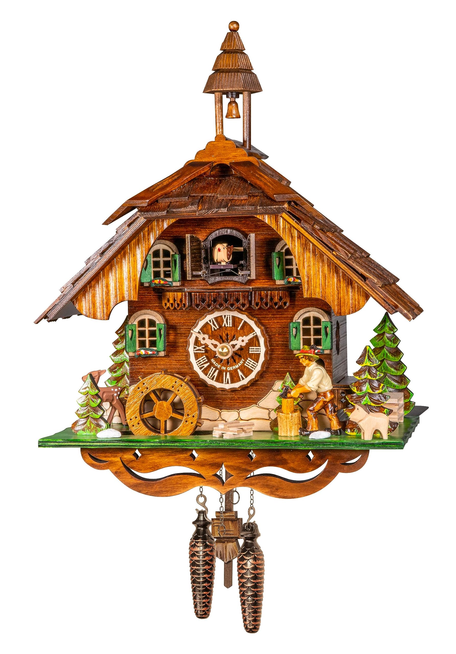 Engstler Quartz Cuckoo Clock Black Forest House with Moving Wood Chopper and Mill Wheel, with Music