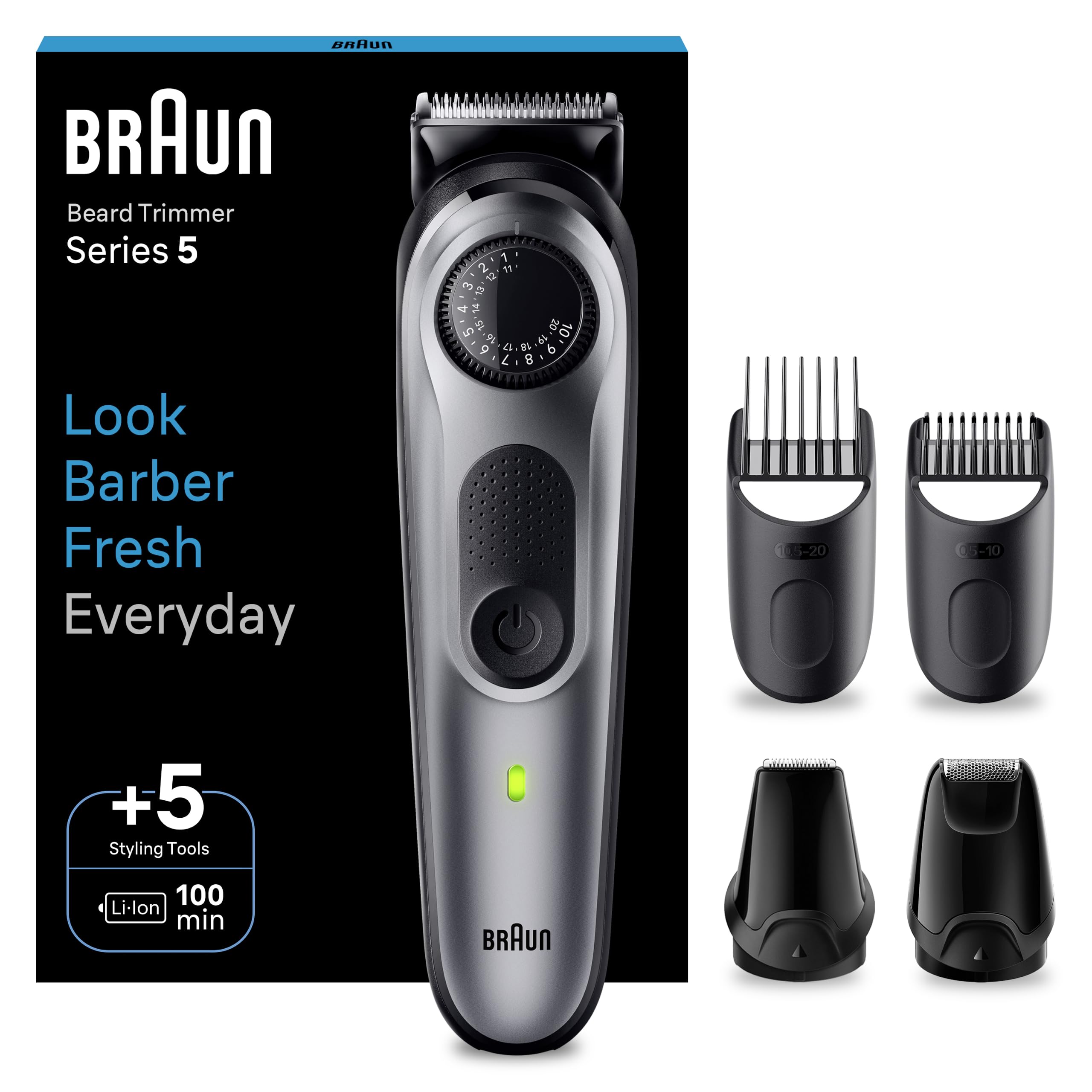 Braun Tondeuse À Barbe Series 5 BT5440 Pour Hommes, Lame Ultra Affutée Pour Bien Tailler La Barbe, 40 Réglages De Longueurs Et Outils De Stylisation, 1 Mini-Rasoir, 1 Sabot De Précision, Rechargeable