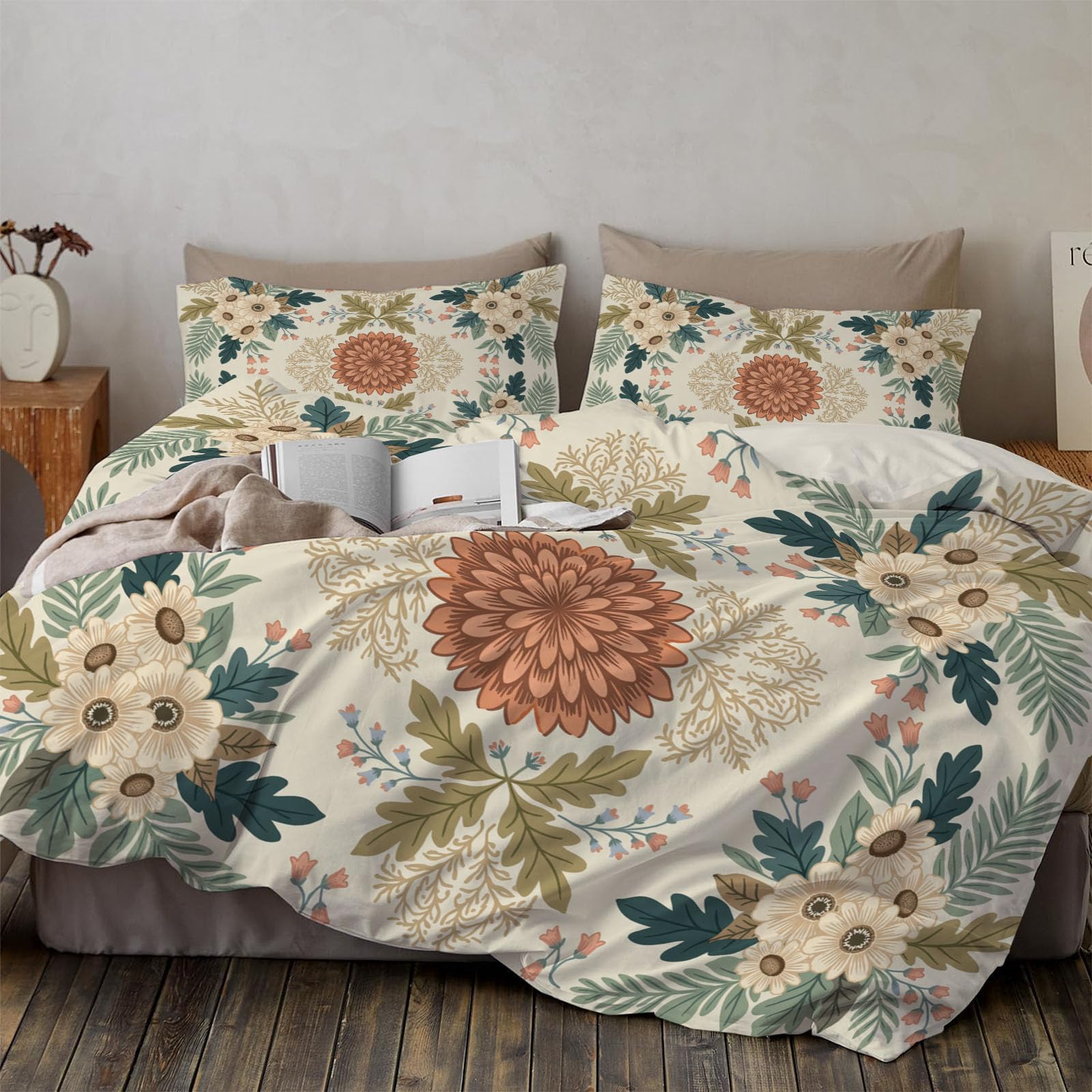 Funda Nórdica Cama 105 Crema,Juego de Cama de Impresión Delicado Estampado Floral Flores y Ramas Microfibra Suave Transpirable,Funda Edredón 200×200CM para Niños Niñas