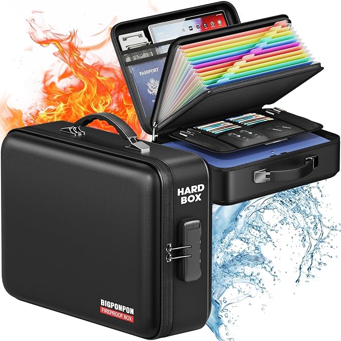 Fireproof Document Box with Water-Resistant Zipper, Hard Case Fireproof Box with Lock, Portable Hard-Shell Fire Safe Box, Large Capacity File Organizer for Important Documents, Laptop (Black, M)
