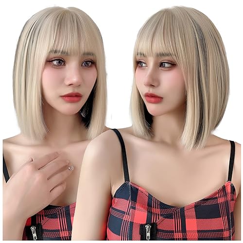 Miniatura 7 de Lotfon Peluca Bob con flequillo para mujeres americanas, pelucas de pelo corto ondulado para mujer (mezcla de rubio negro)