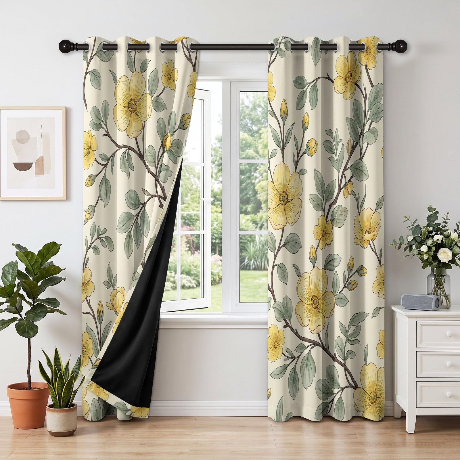 Botaniczne kwiatowe zasłony zaciemniające do sypialni, 2 panele szer. 117 x dł. 137 cm, kwiatowe zielone liście, zasłony zaciemniające do salonu, zasłony z oczkami, izolacja termiczna, dźwiękoszczelne