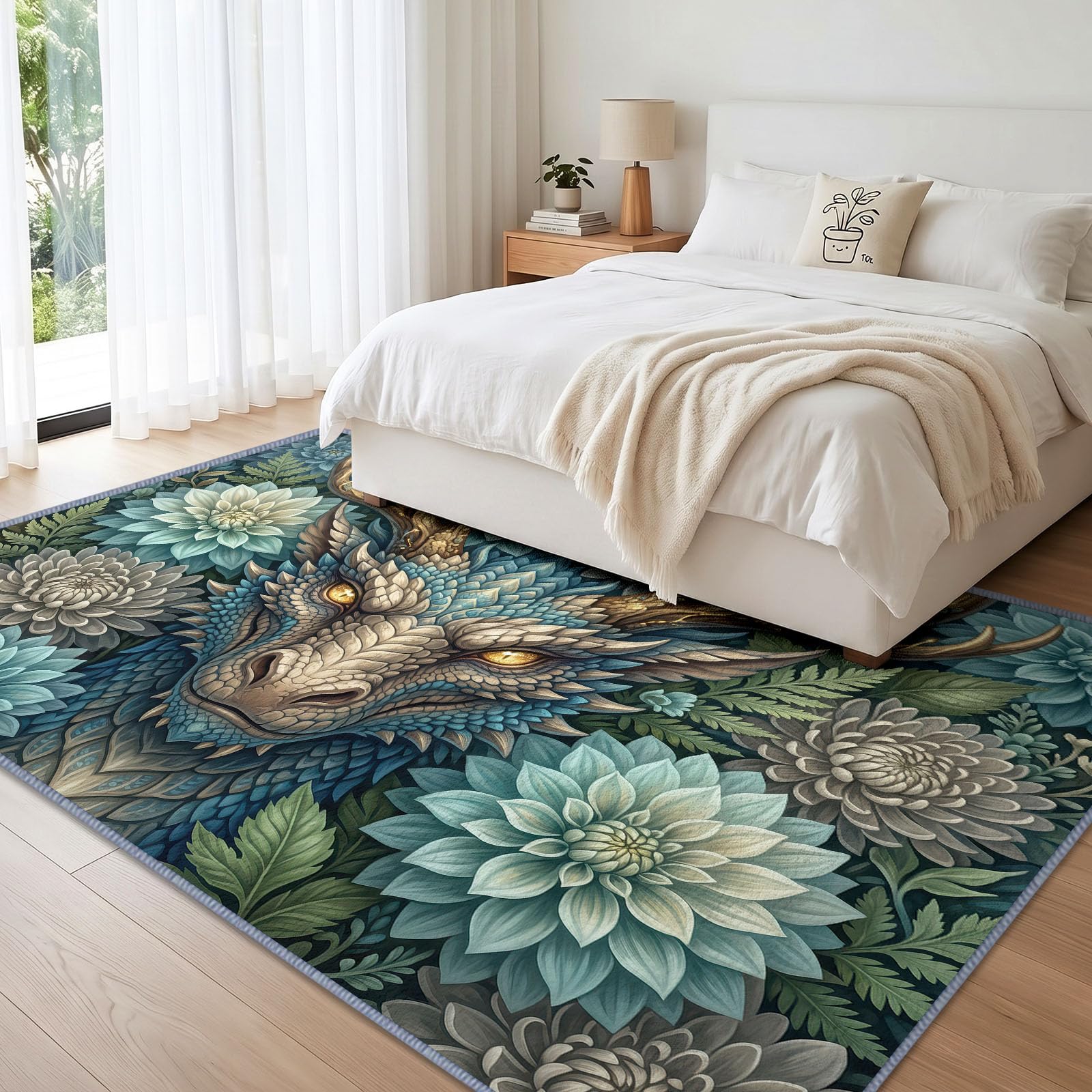 Générique Lavable en Machine Tapis Salon 140x200 cm, Dragon Floral Antidérapant à Poil Ras Tapis, Moderne Fantaisie Décoration Écologique pour Salle à Manger Couloir Chambre Bureau