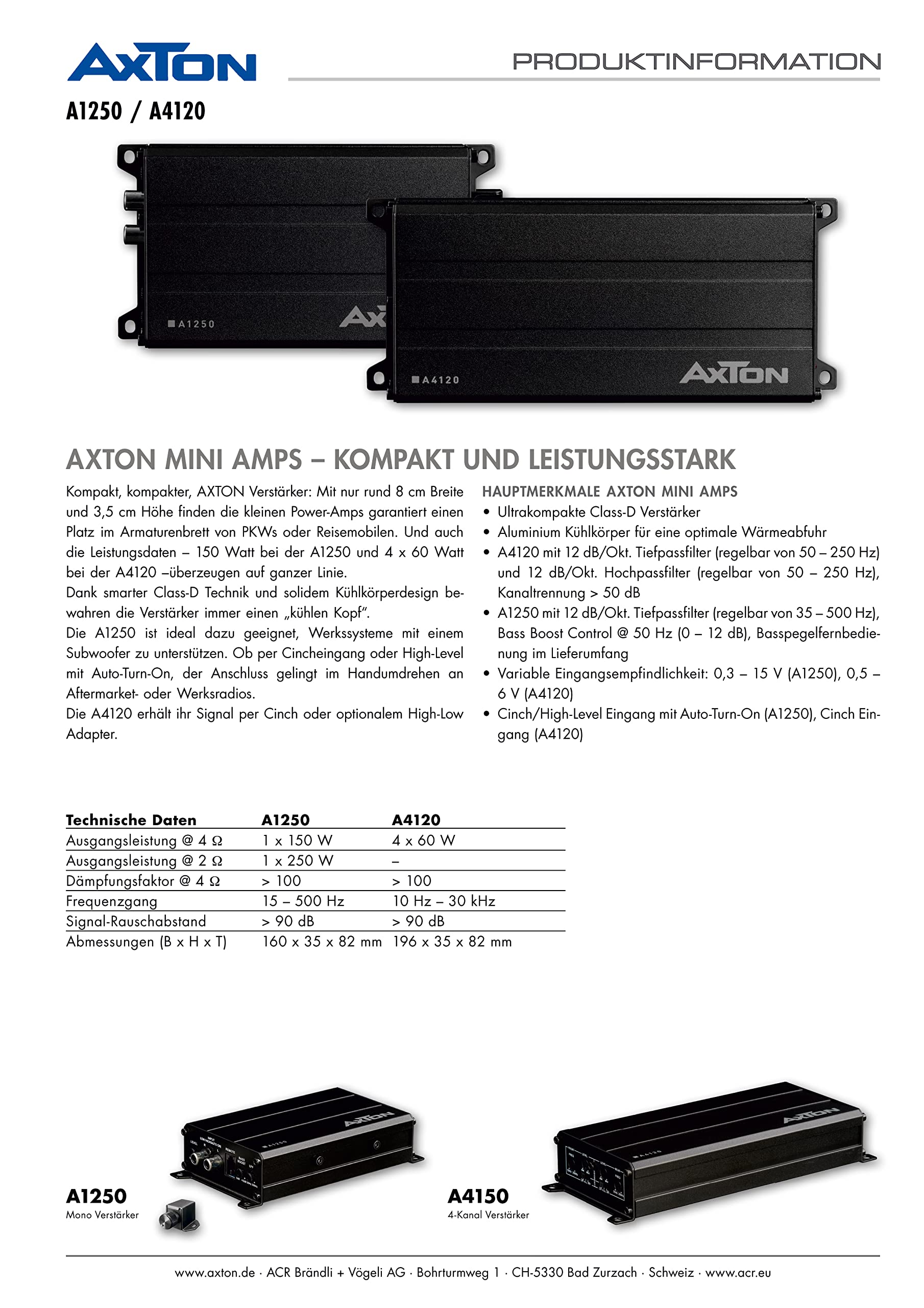 Axton A1250 | Mono Verstärker/Endstufe Digital Power Amplifier ultra kompakter digitaler Mono Verstärker für Autos und Reisemobile