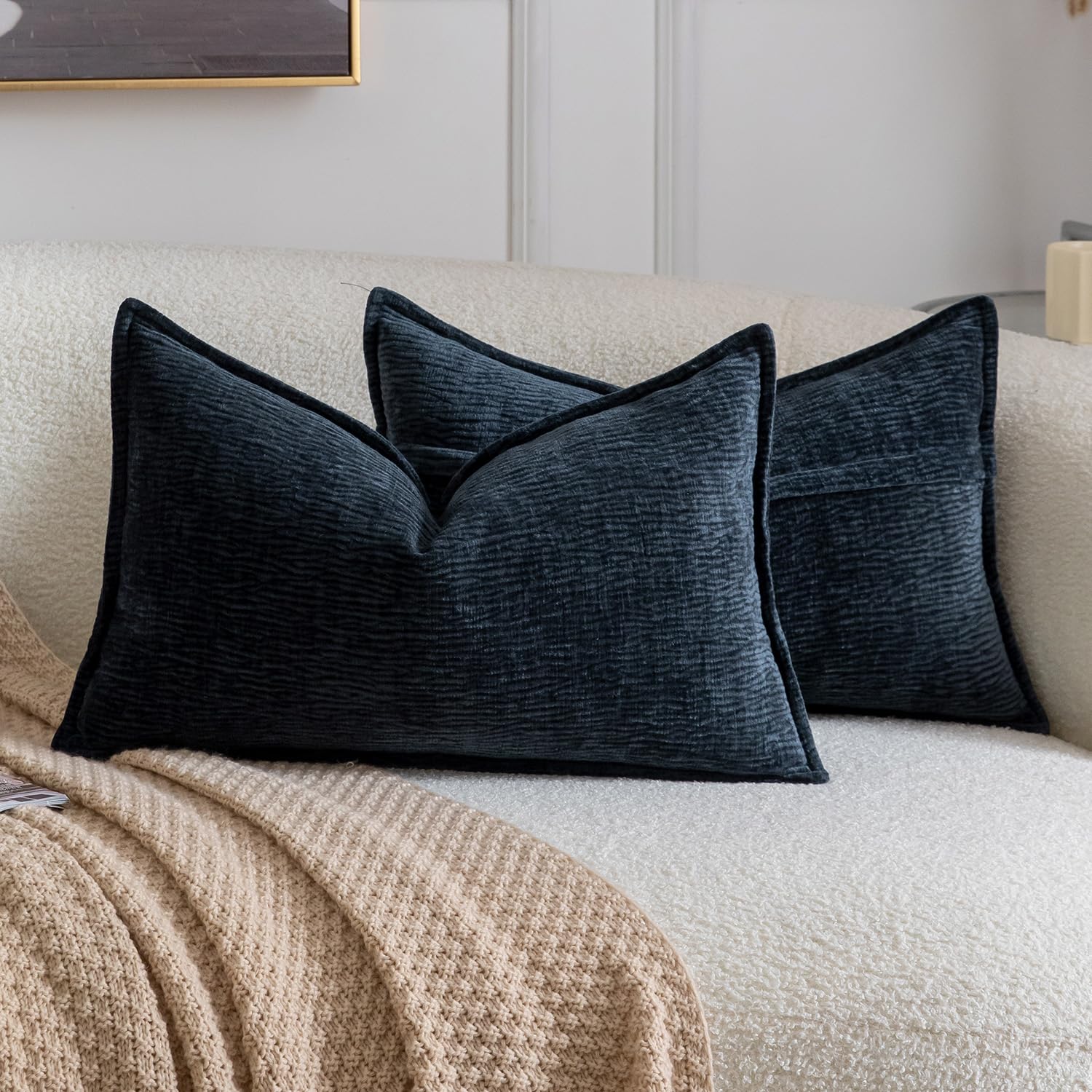 Madizz Pack of 2 Decorative Cushion Covers Soft Chenille Throw Pillows Solid Textured Throw Pillow Covers for Couch Sofa Bedroom Living Room 30x50 CM, Dark Blue