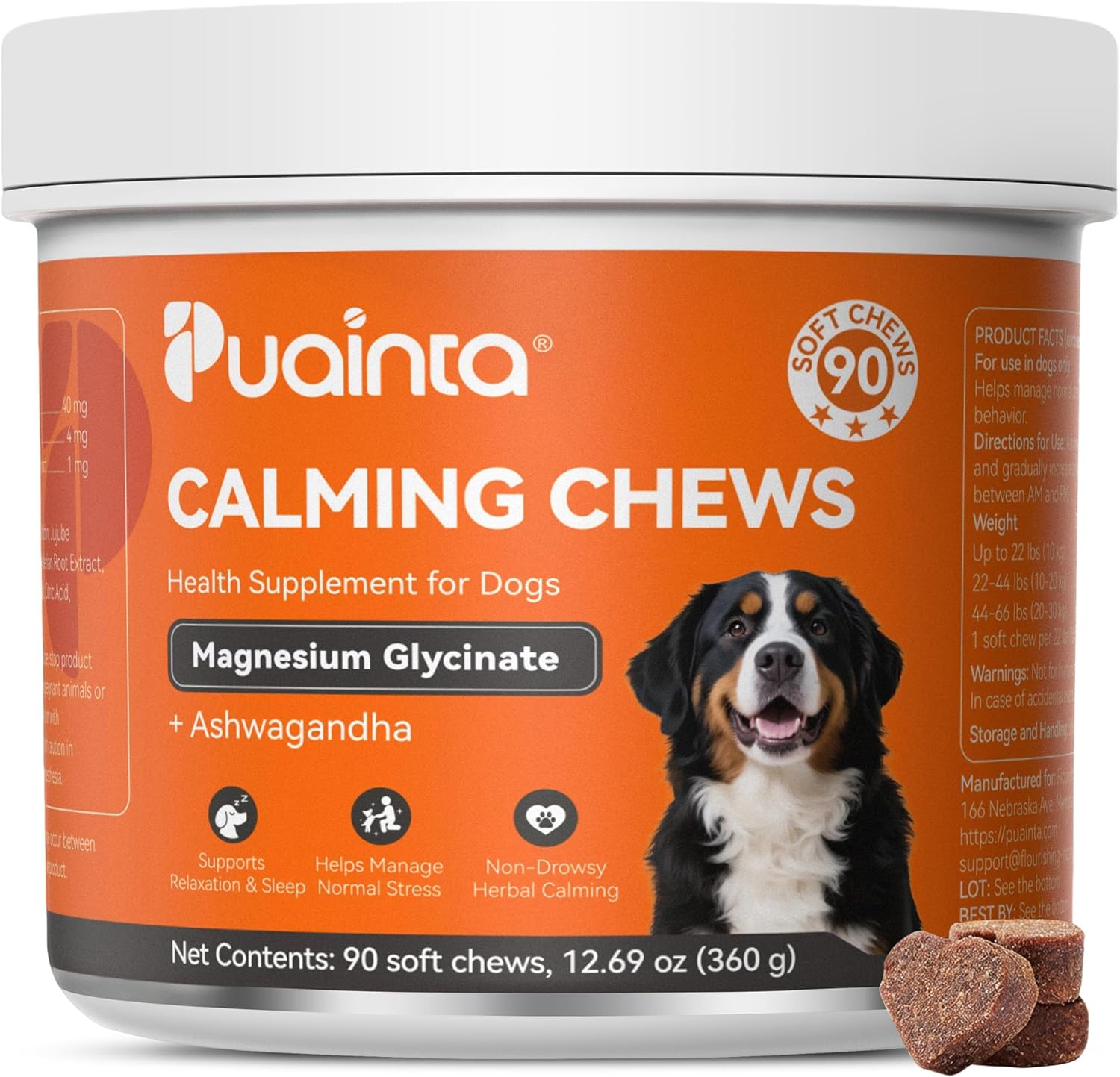 Dog Calming Chews – Magnesium Glycinate & Melatonin for Dogs, 4 Herbal Ingredients for Anxiety Relief, Stress & Travel Support, Chicken Flavor, 90 Count