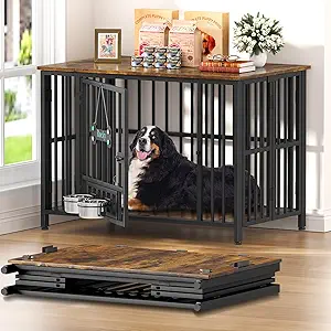 Easycom 41" Dog Crate Furniture Foldable, No Assembly Decorative Dog Kennel Indoor, Dog Crates for Large Dogs(40-65 lb), Wooden Dog Cage with Adjustable Bowls and Name Tag, End Table, Rustic Brown