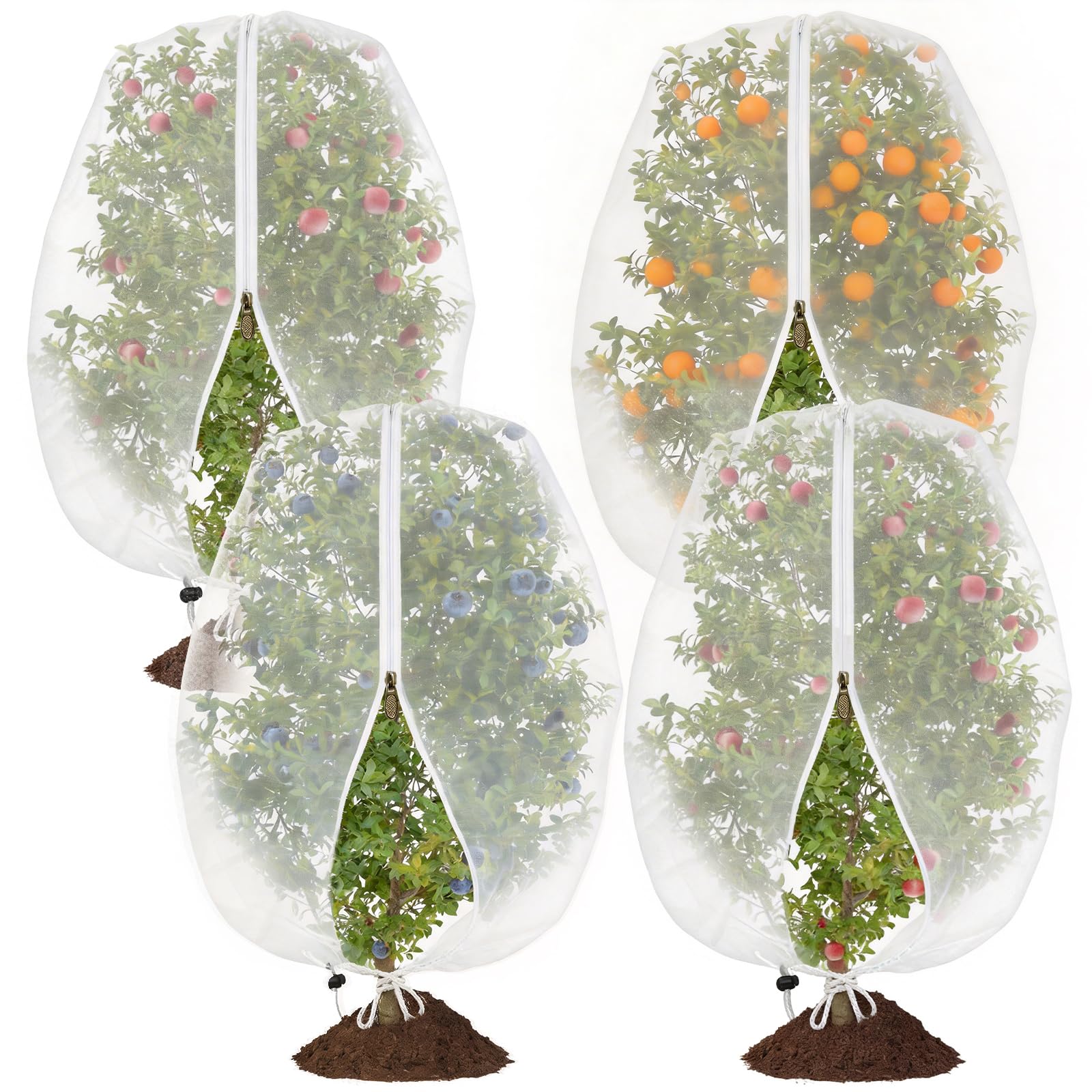 4PCS Fruit Tree Netting, 1x1.5M 1x0.8M Tomato Net with Zipper Drawstring, Blueberry Cherry Plant Protection, Fine Flowers Mesh Strawberry Bag Vegetables Nets Garden Cover Bird Insect Barrier